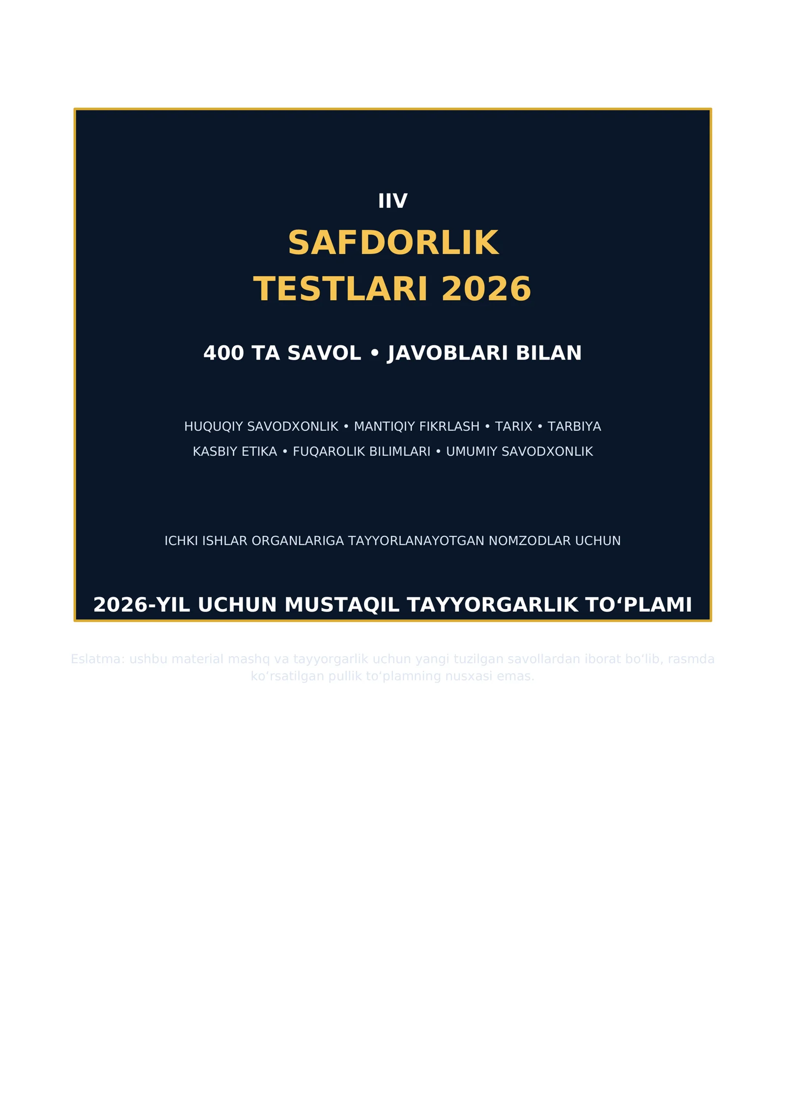 IIV SAFDORLIK TESTLARI 2026 Yangi javoblari bilan 1