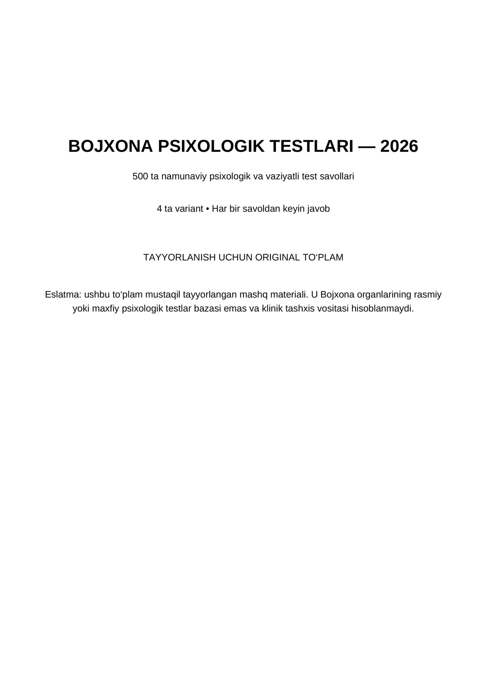 BOJXONA PSIXOLOGIK TESTLARI — 2026 1