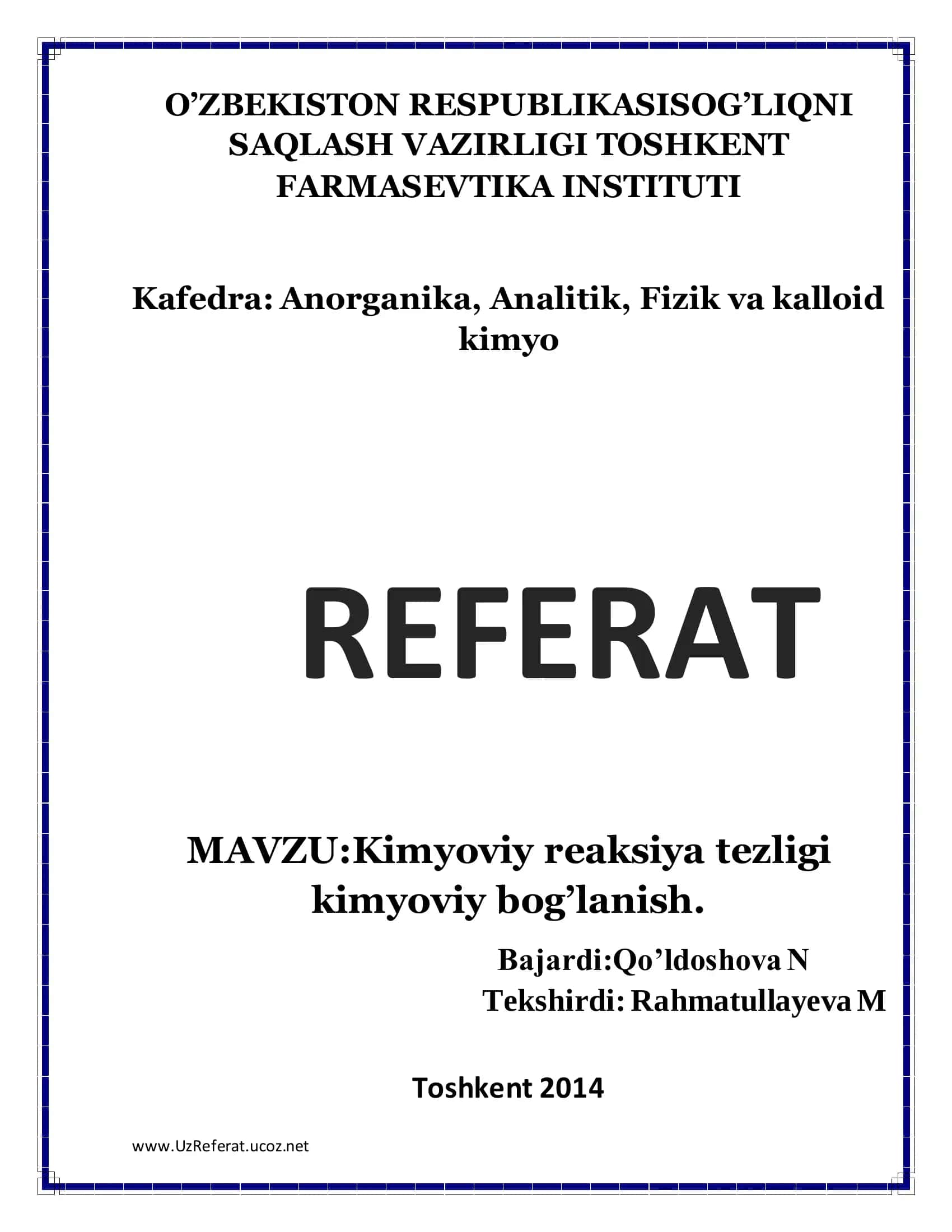 KIMYOVIY REAKSIYALAR VA KIMYOVIY BOG’LANISH TURLARI 1