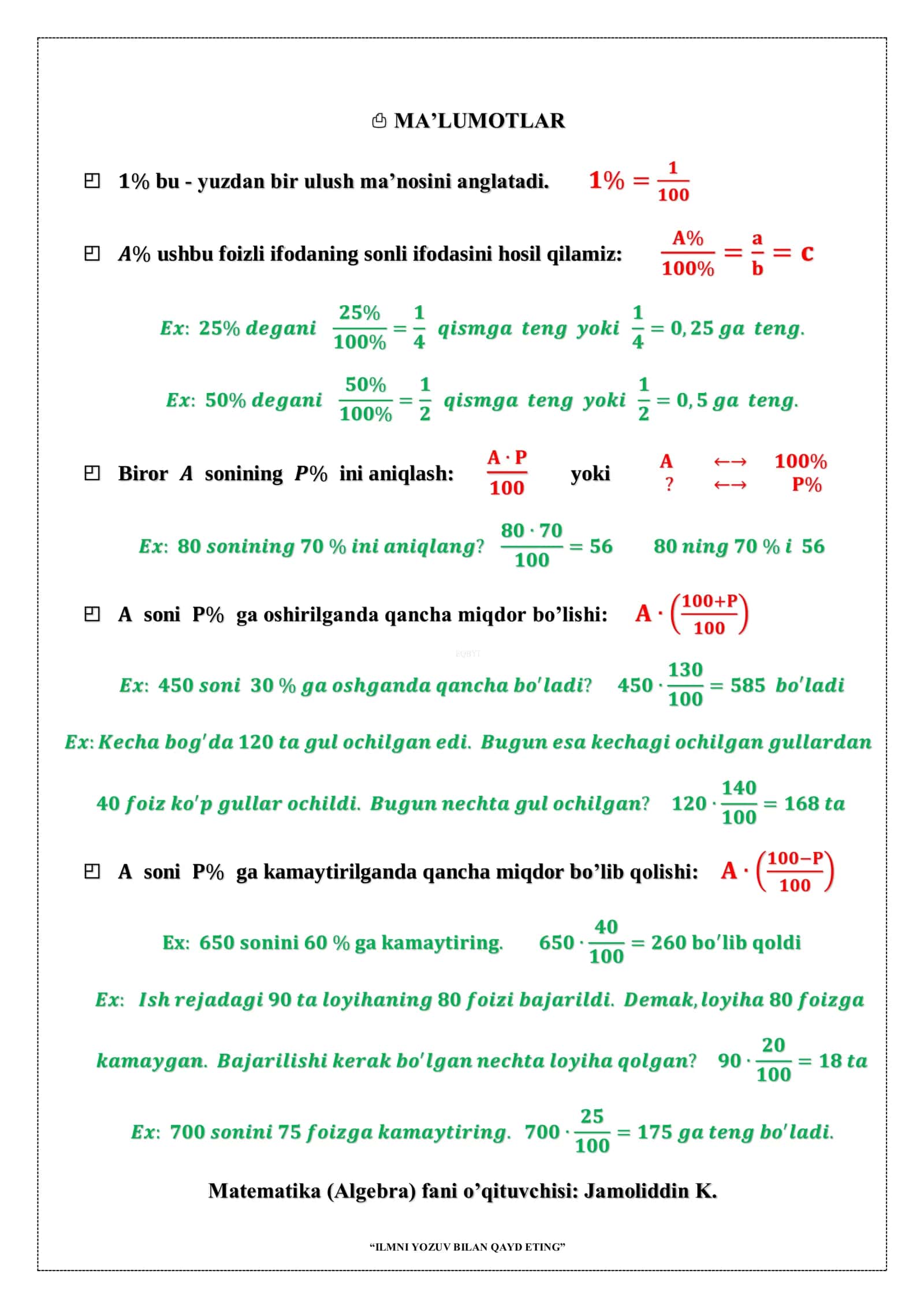ILMNI YOZUV BILAN QAYD ETING matematika foizga oid 1