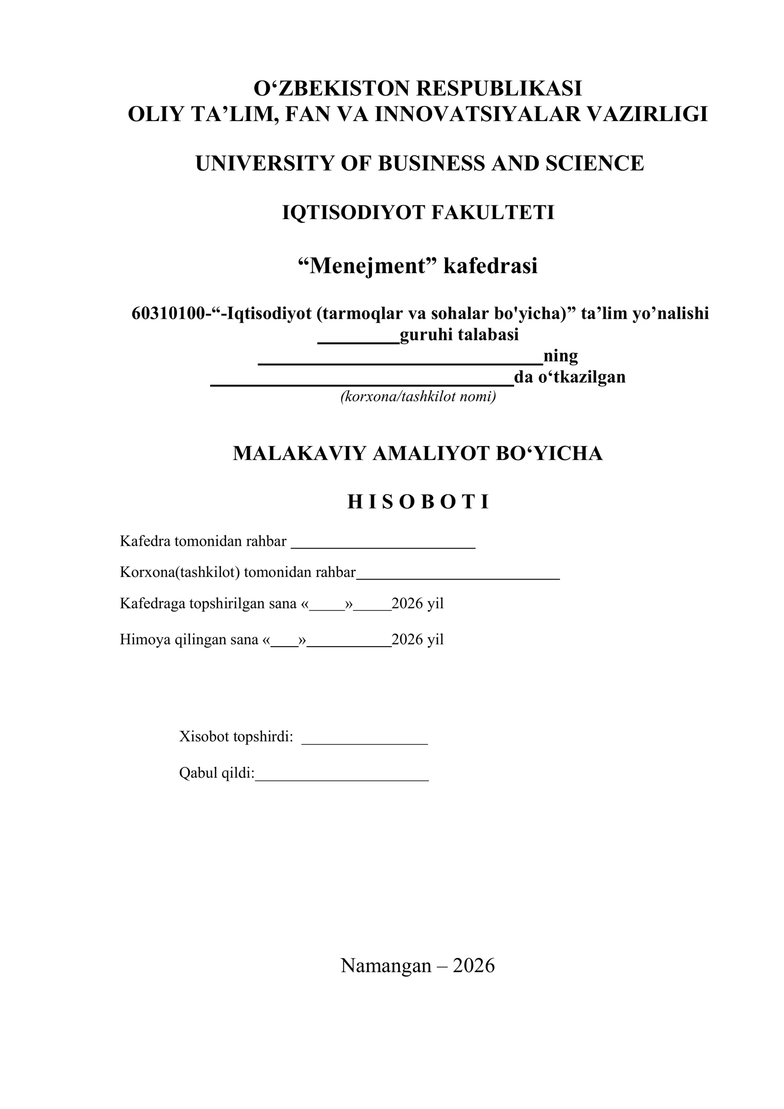 Malakaviy amaliyot bo'yicha hisoboti 1