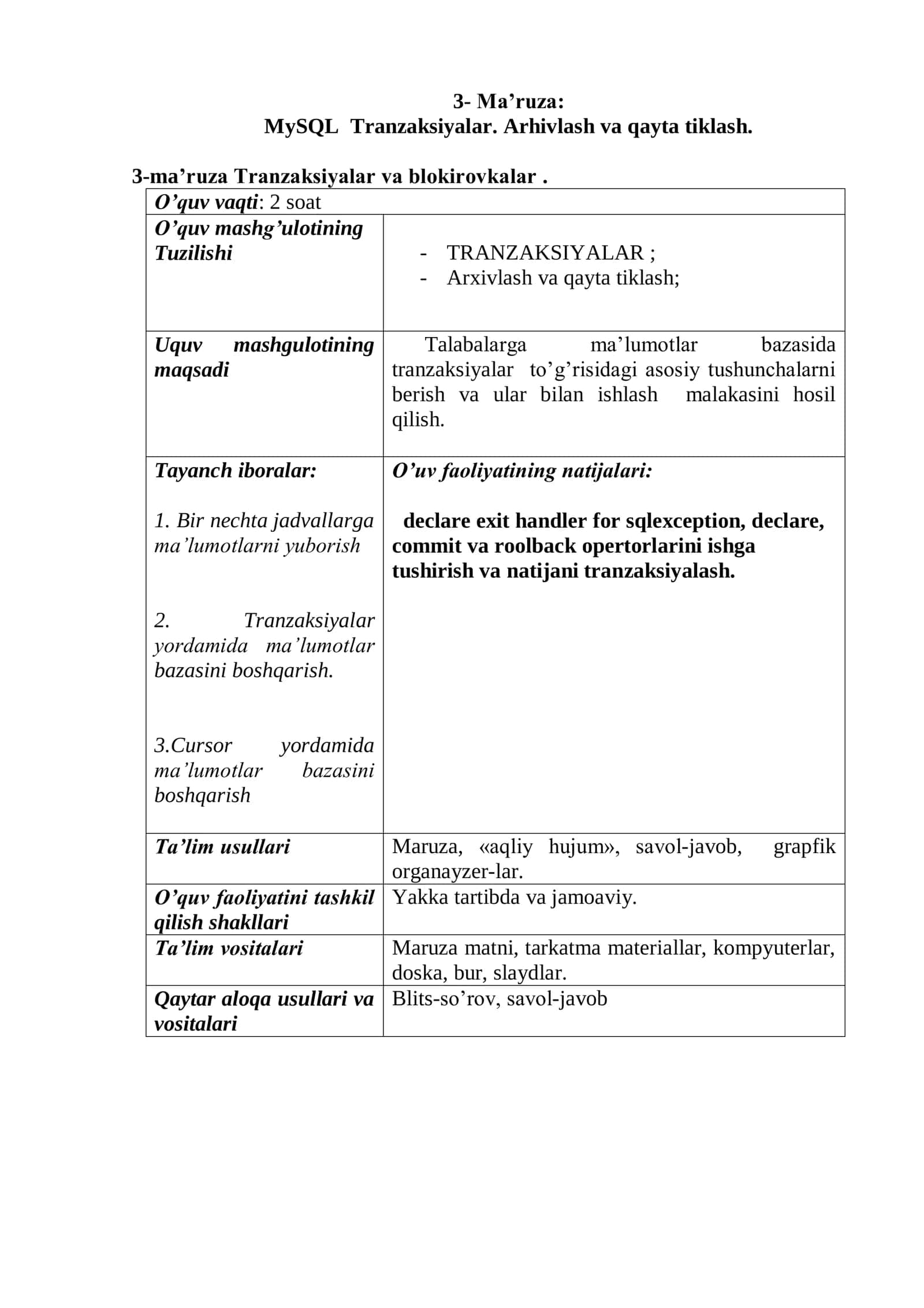 MySQL Tranzaksiyalar. Arhivlash va qayta tiklash 1