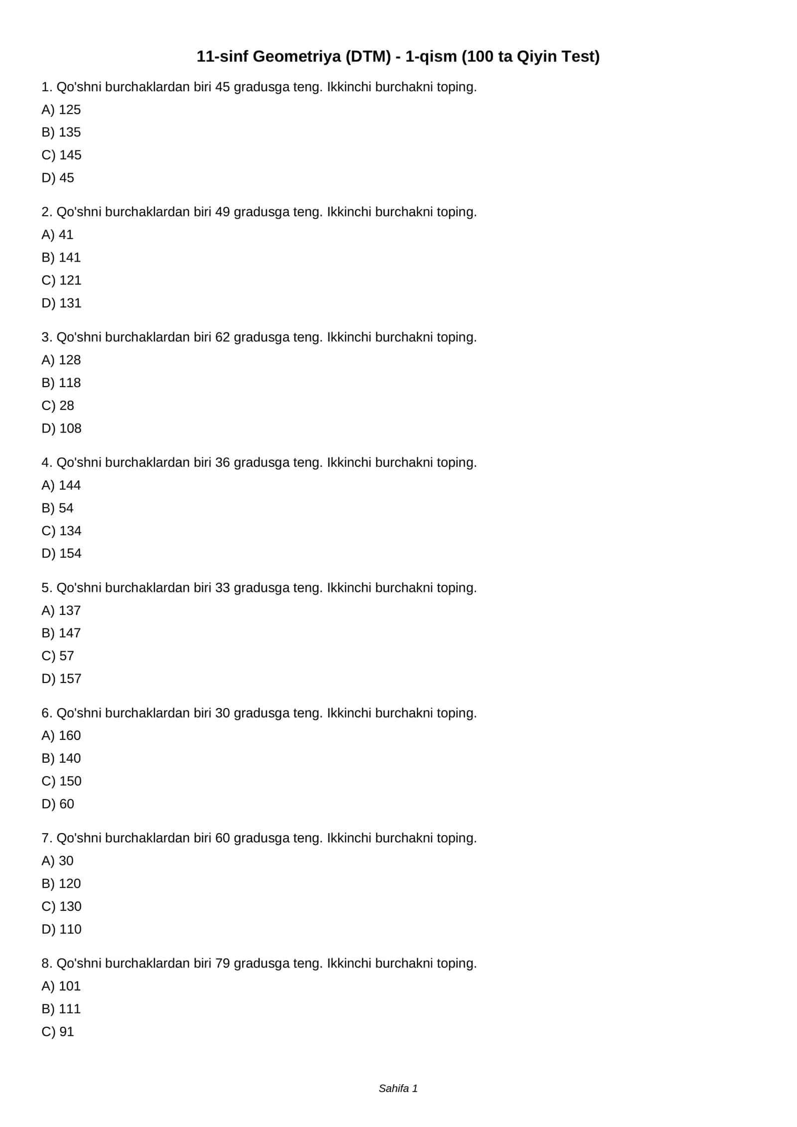 11-sinf Geometriya (DTM) - 1-qism (100 ta Qiyin Test) 1