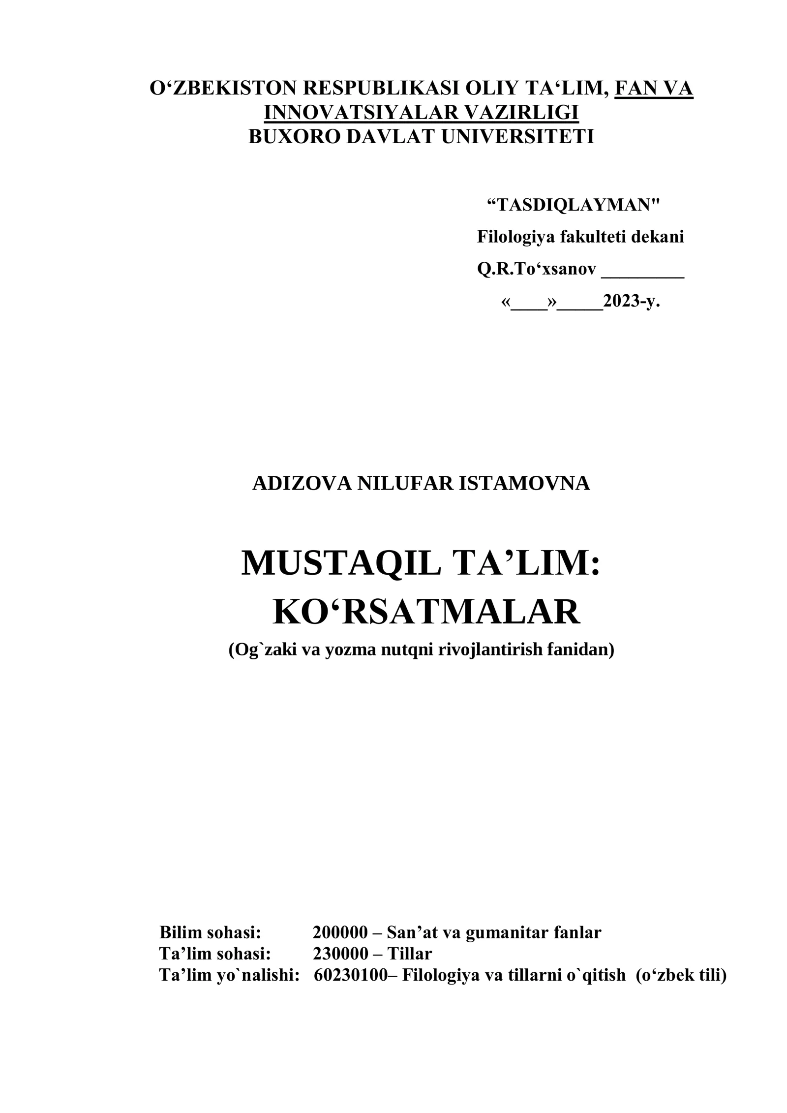 MUSTAQIL TA‟LIM: KORSATMALAR 1