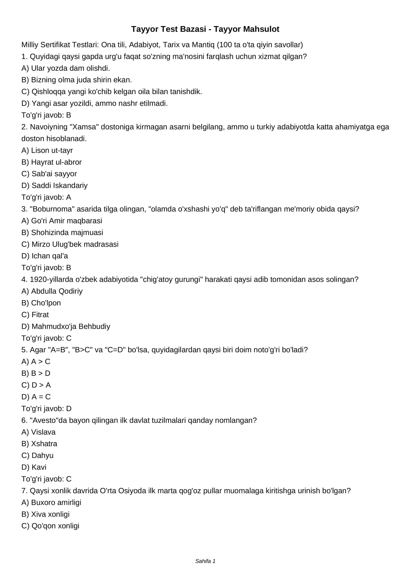Tayyor Test Bazasi - Tayyor Mahsulot 1