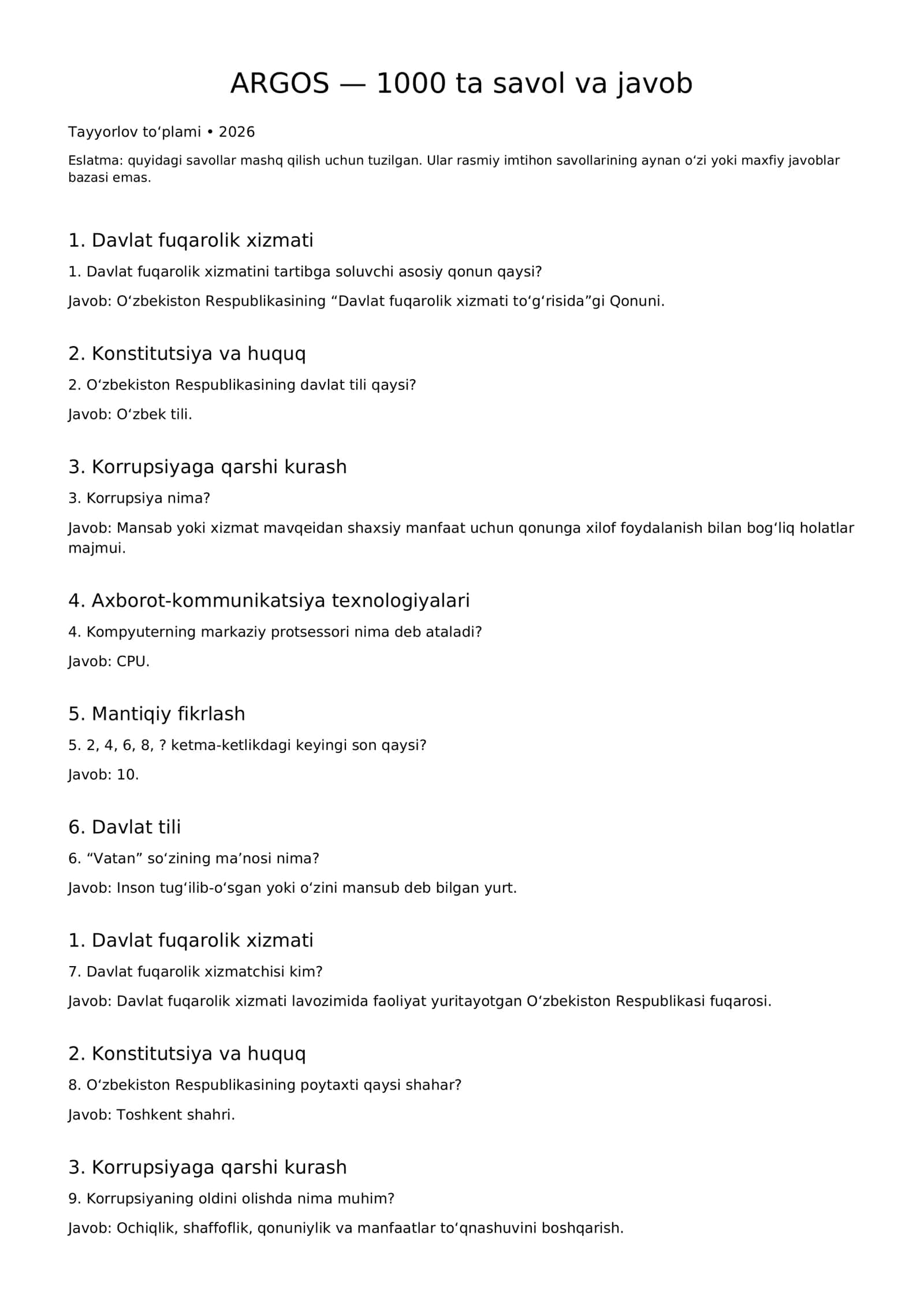 ARGOS - 1000 ta savol va javob | Davlat fuqorolik xizmati 2026 1