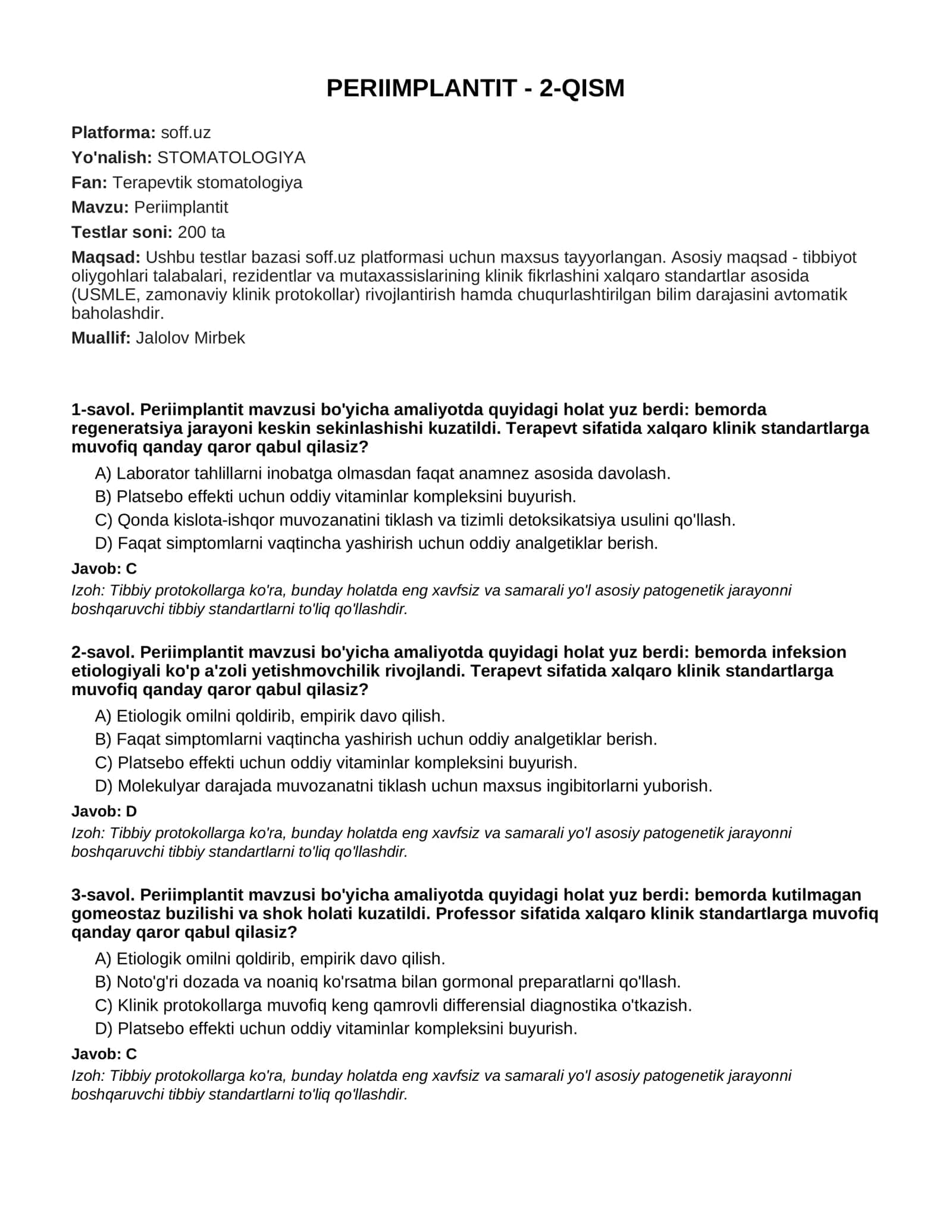 Terapevtik stomatologiya testlar bazasi - Periimplantit - 2-QISM 1