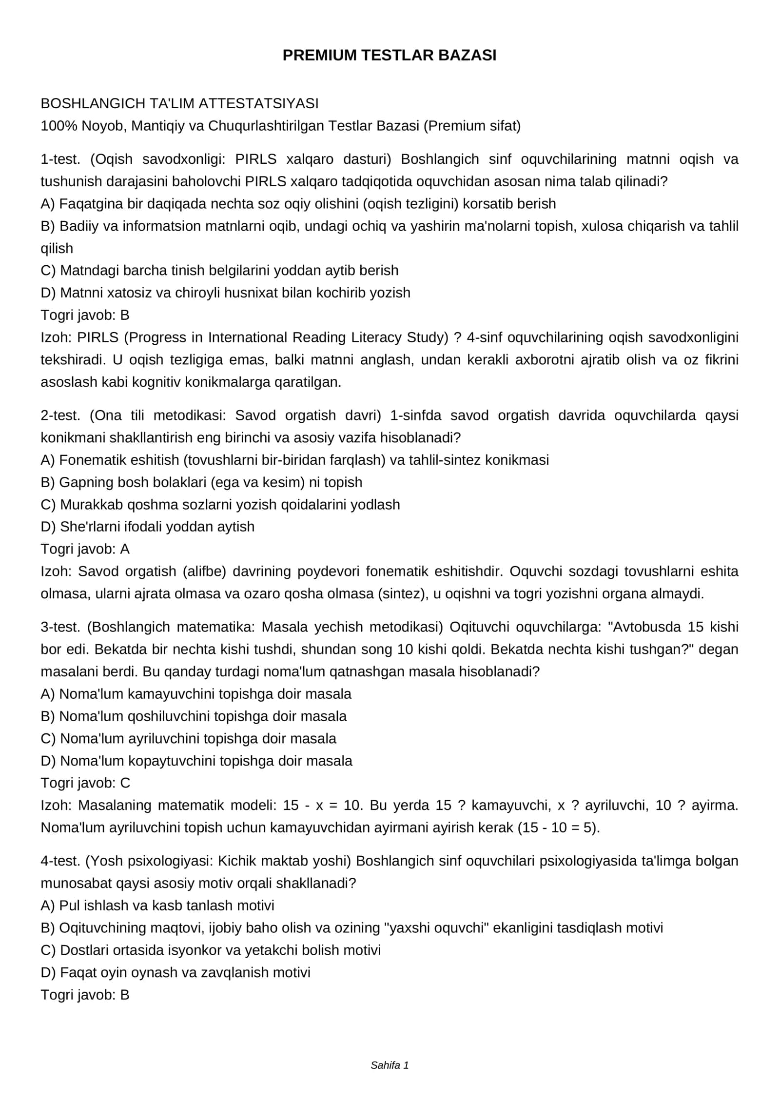 PREMIUM TESTLAR BAZASI 1