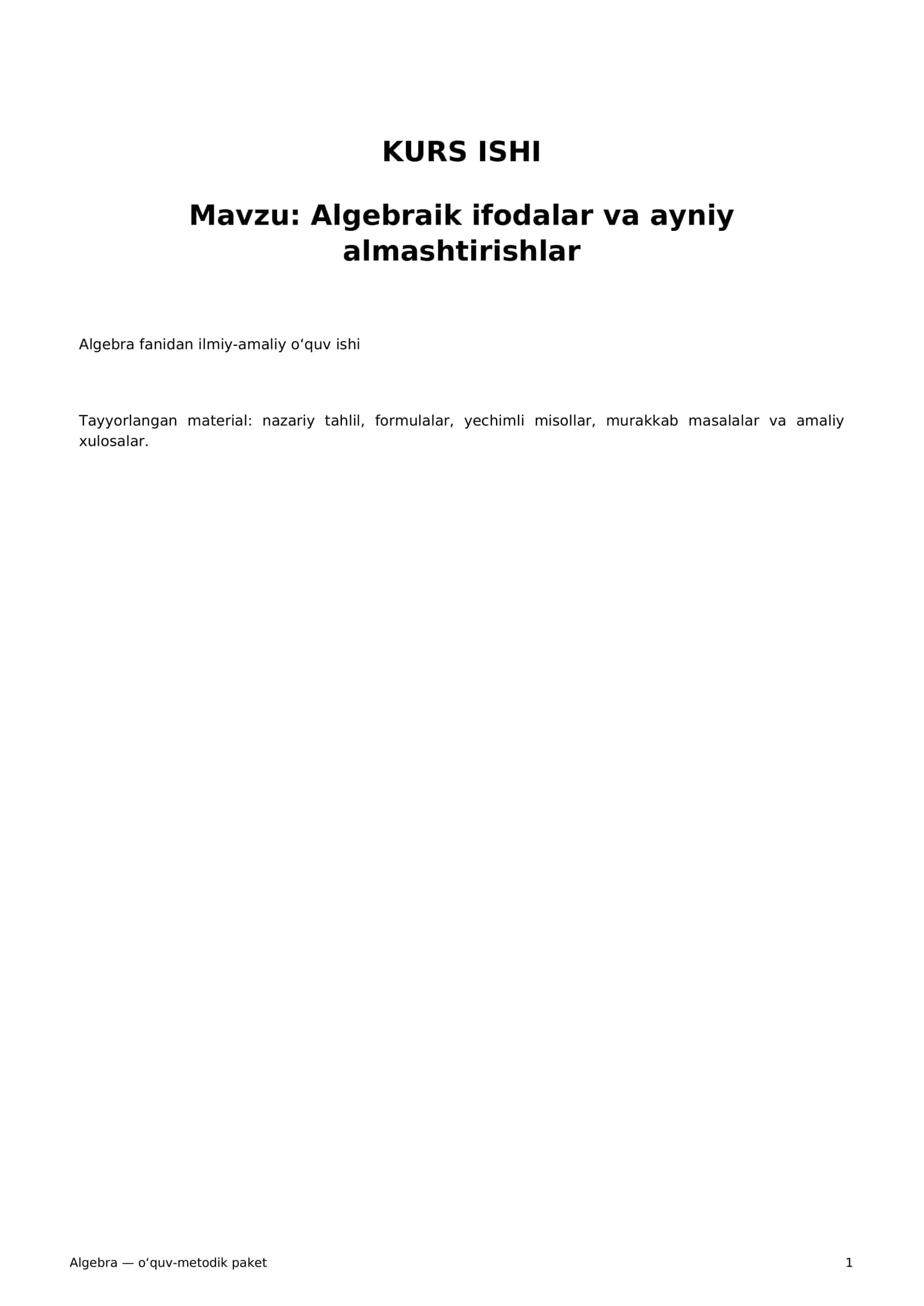 Algebra — o‘quv-metodik paket 1