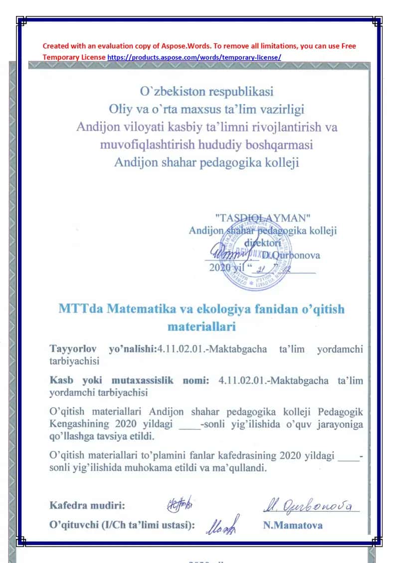 Ishchi o‘quv dasturi “Aqliy tarbiya” kafedrasi uchun 1