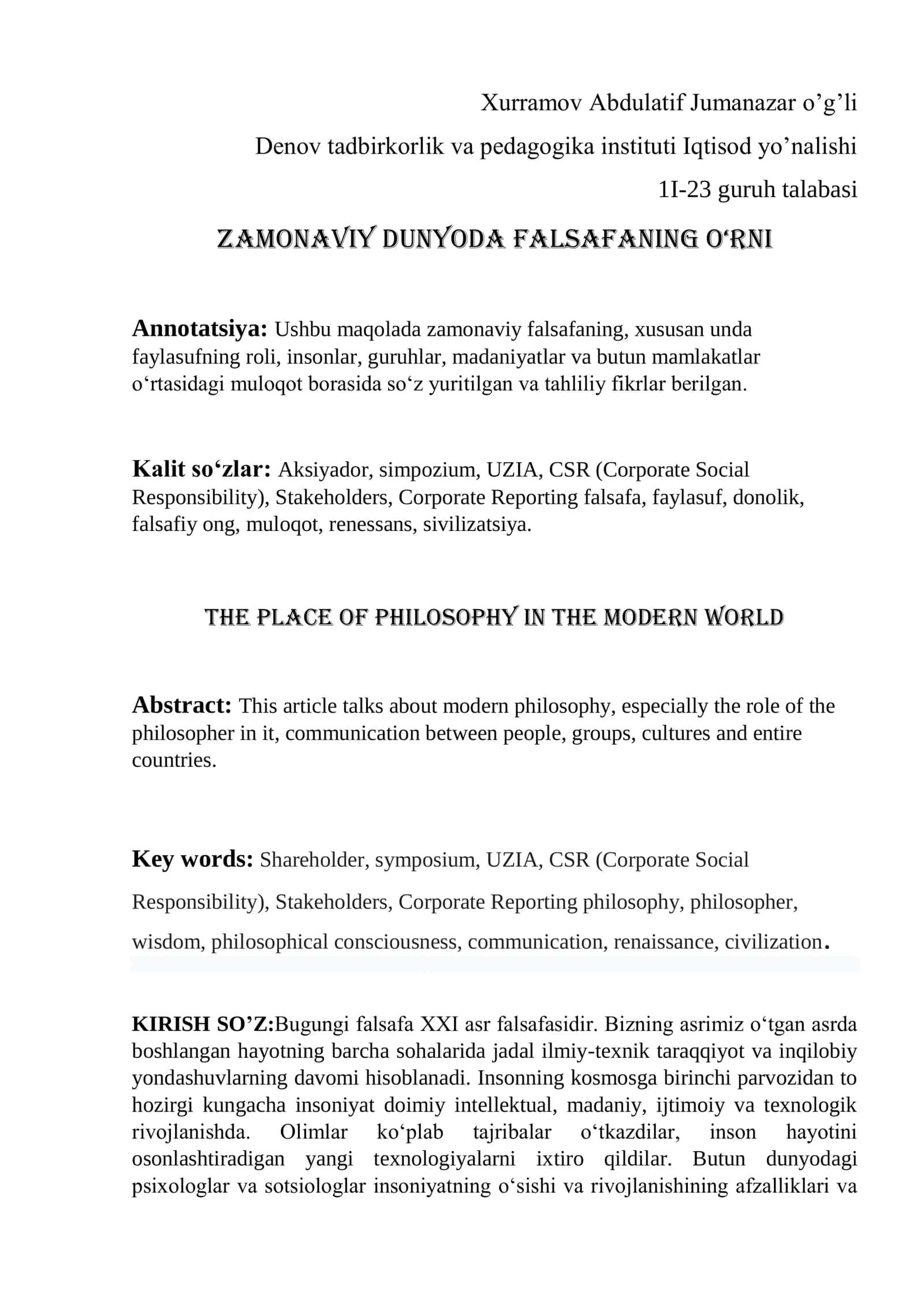 ZAMONAVIY DUNYODA FALSAFANING O‘RNI 1