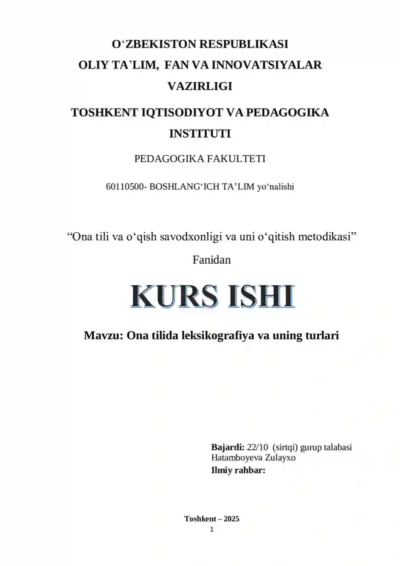 Ona tili va oʻqish savodxonligi va uni oʻqitish metodikasi