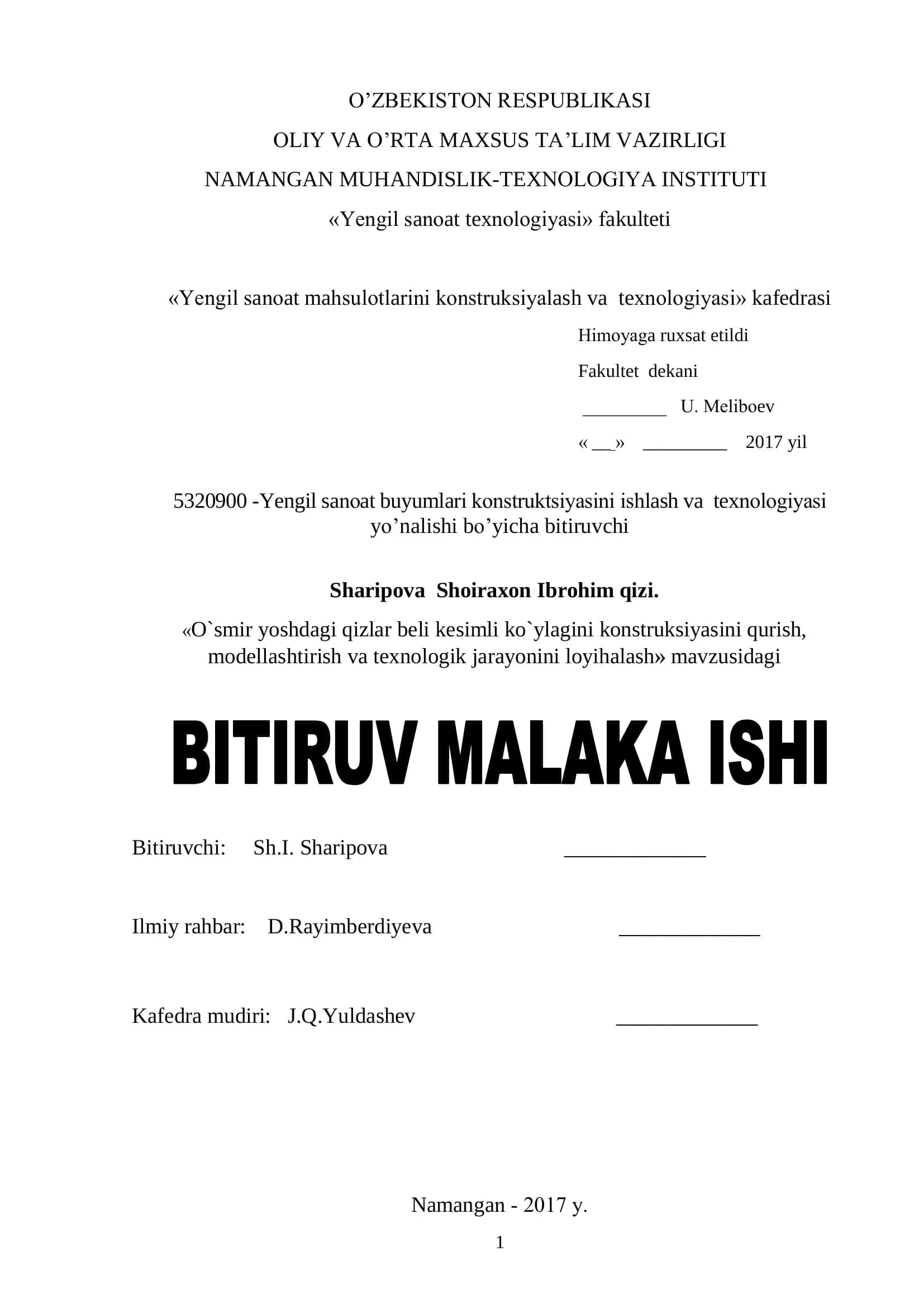 Yengil sanоat buyumlari kоnstruktsiyasini ishlash va texnоlоgiyasi yo’nalishi bo’yicha bitiruvchi 1