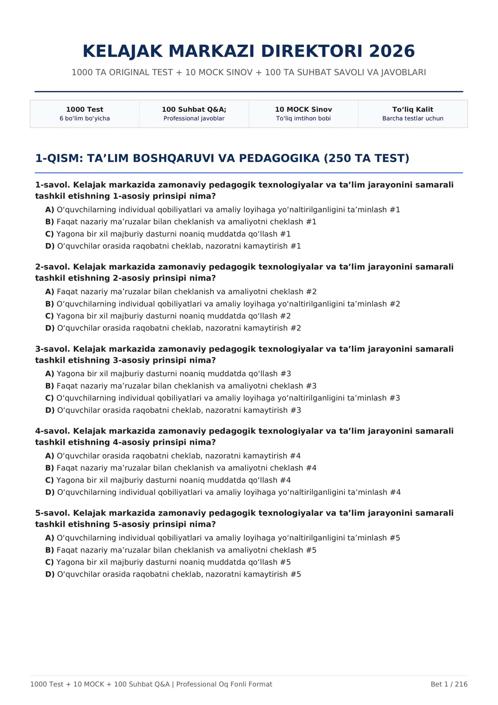 KELAJAK MARKAZI DIREKTORI 2026 — 1000 TEST + 10 MOCK + 100 SUHBAT 1