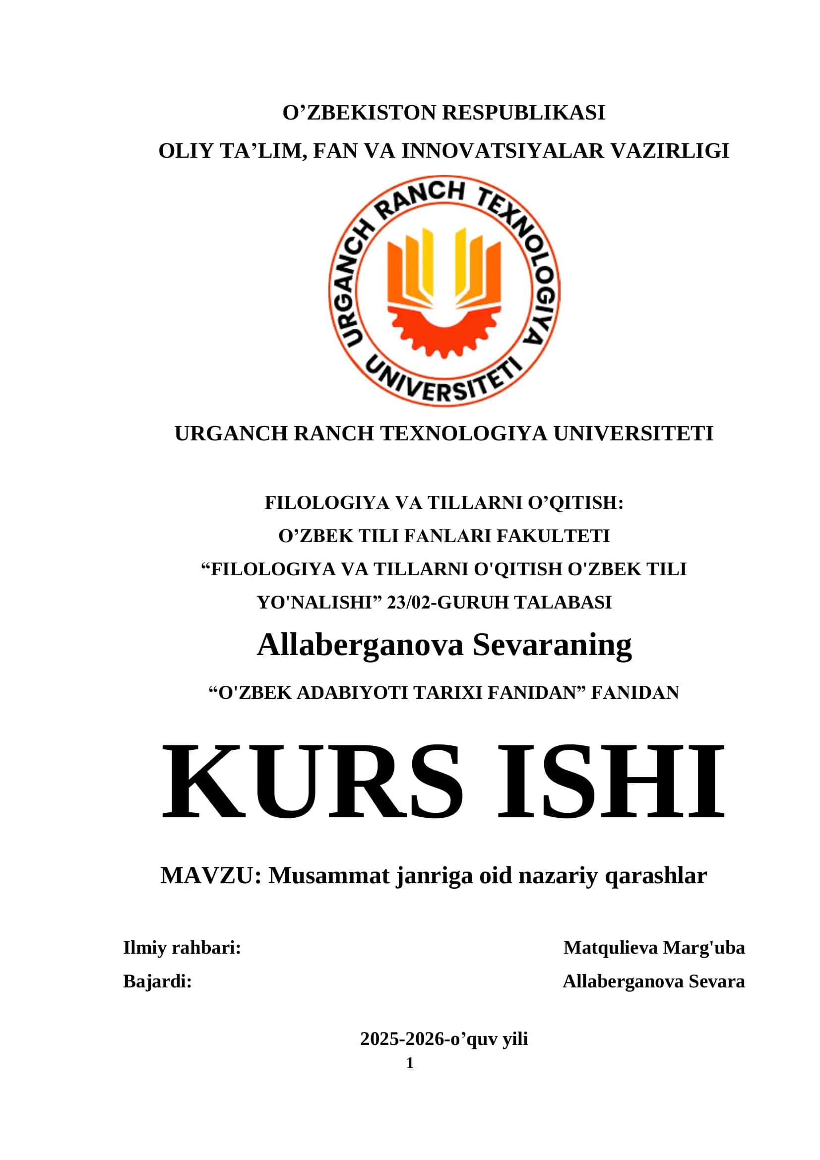 Musammat janriga oid nazariy qarashlar Ilmiy ishi 1