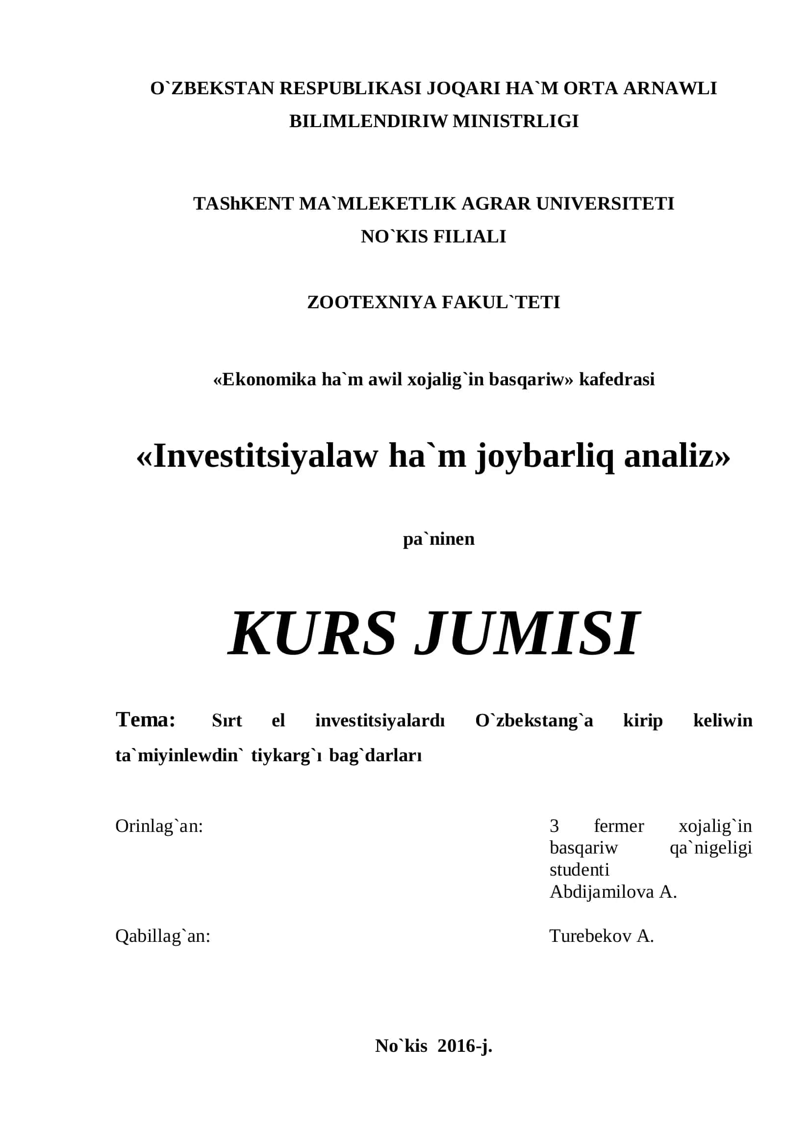 Investitsiyalaw ha`m joybarliq analiz 1