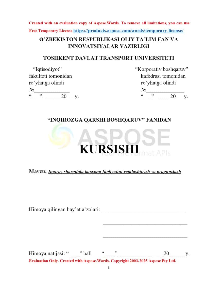 Inqiroz sharoitida korxona faoliyatini rejalashtirish va prognozlash 1
