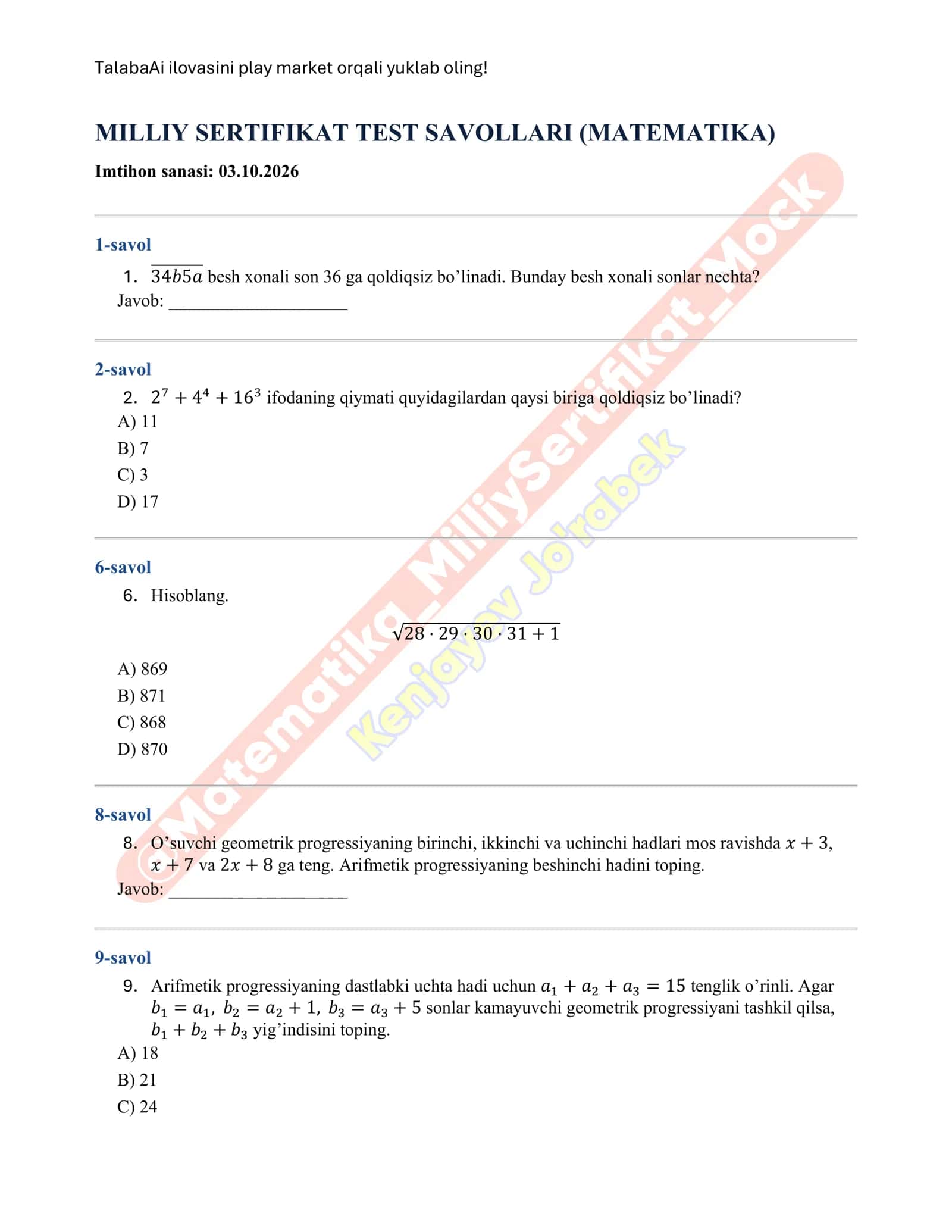 MILLIY SERTIFIKAT TEST SAVOLLARI (MATEMATIKA) 1