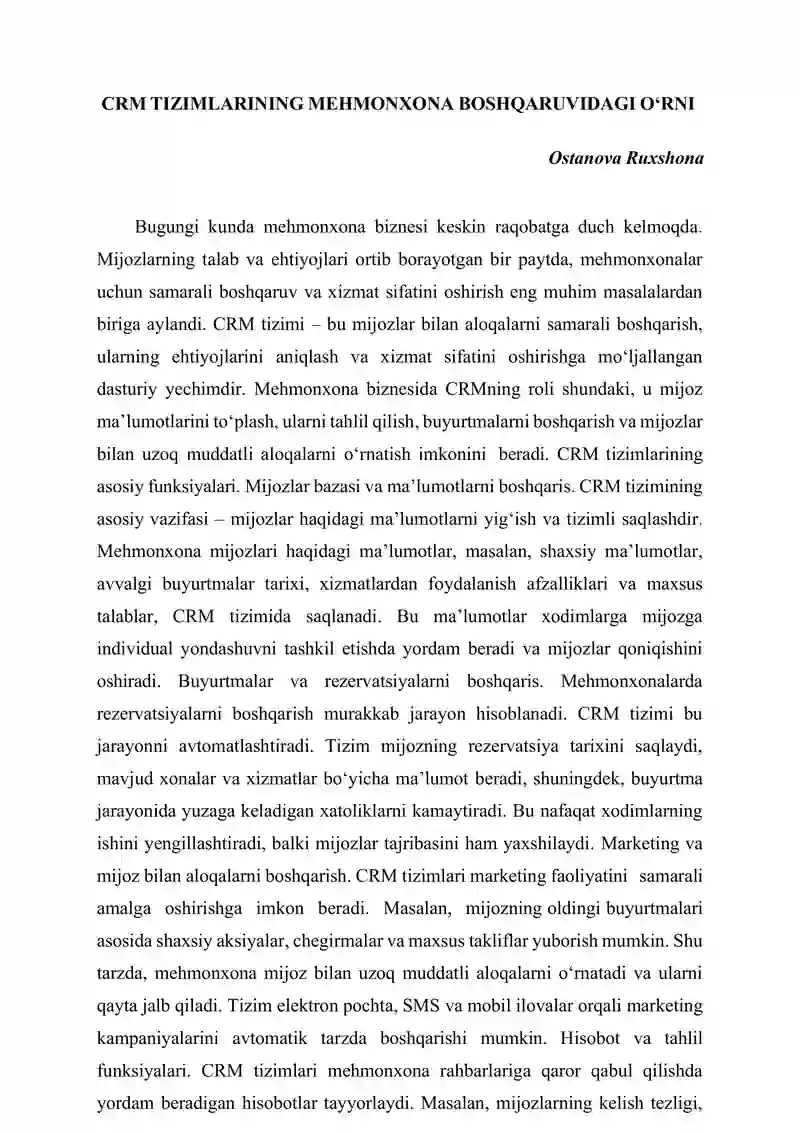 CRM TIZIMLARINING MEHMONXONA BOSHQARUVIDAGI OʻRNI