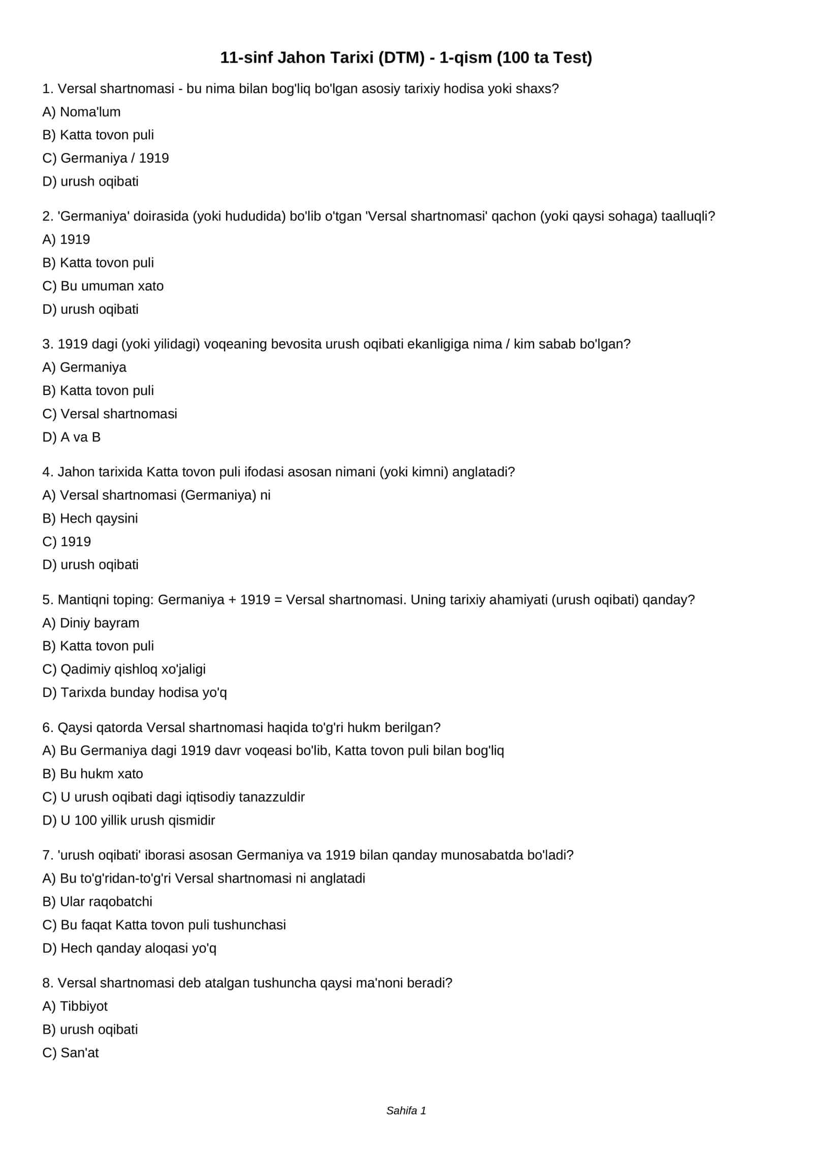 11-sinf Jahon Tarixi (DTM) - 1-qism (100 ta Test) 1