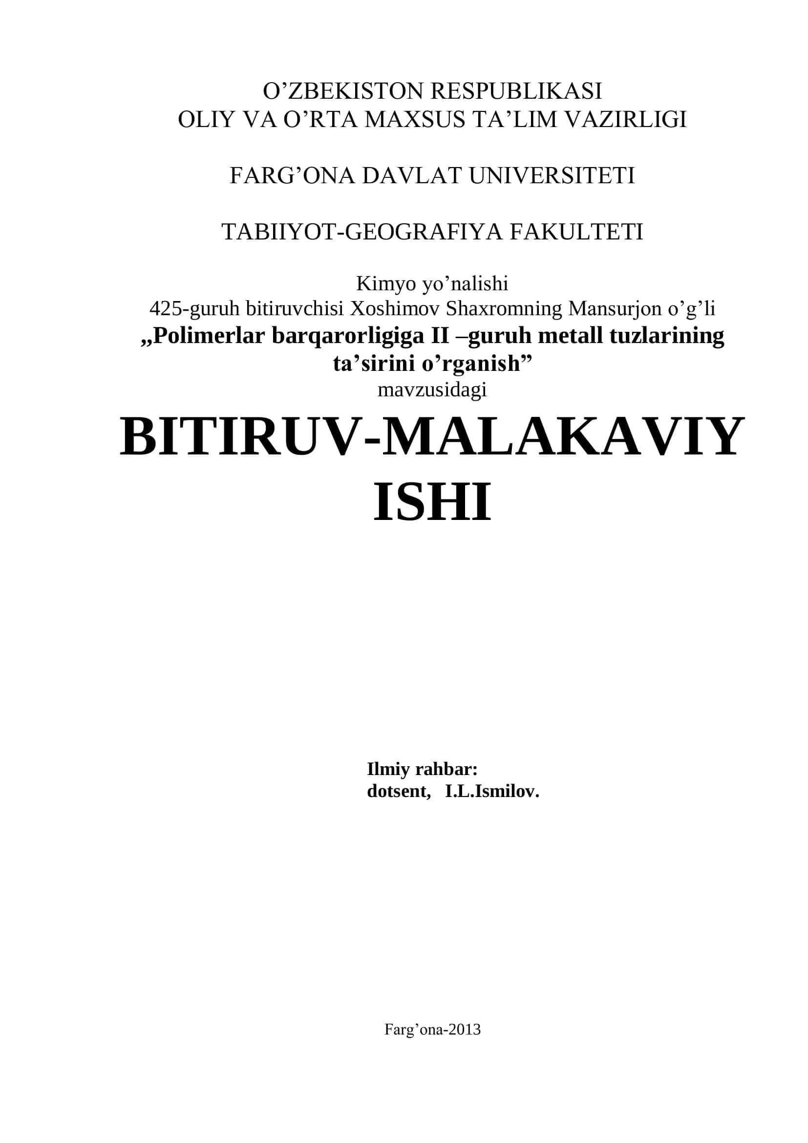 Polimerlar barqarorligiga II –guruh metall tuzlarining ta’sirini o’rganish 1