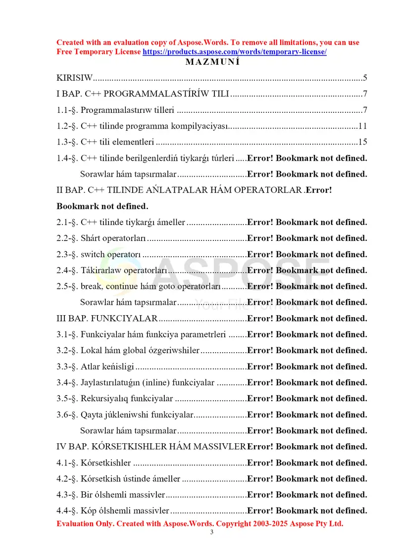 C++ programmalastırıw tili 1