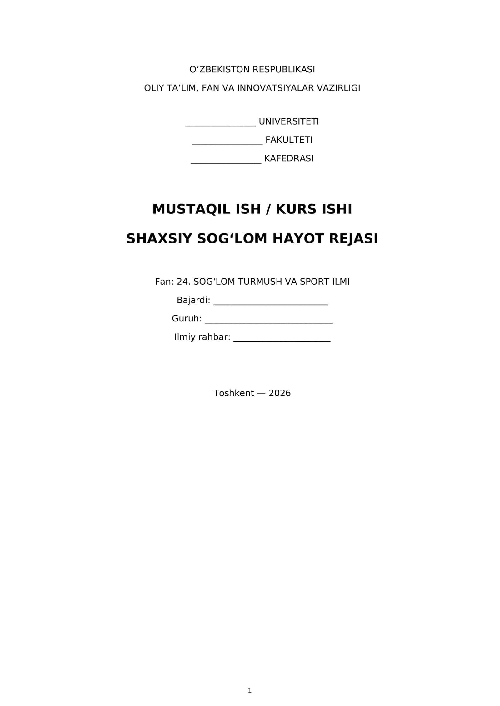 Shaxsiy sog'lohm hayot rejası 1
