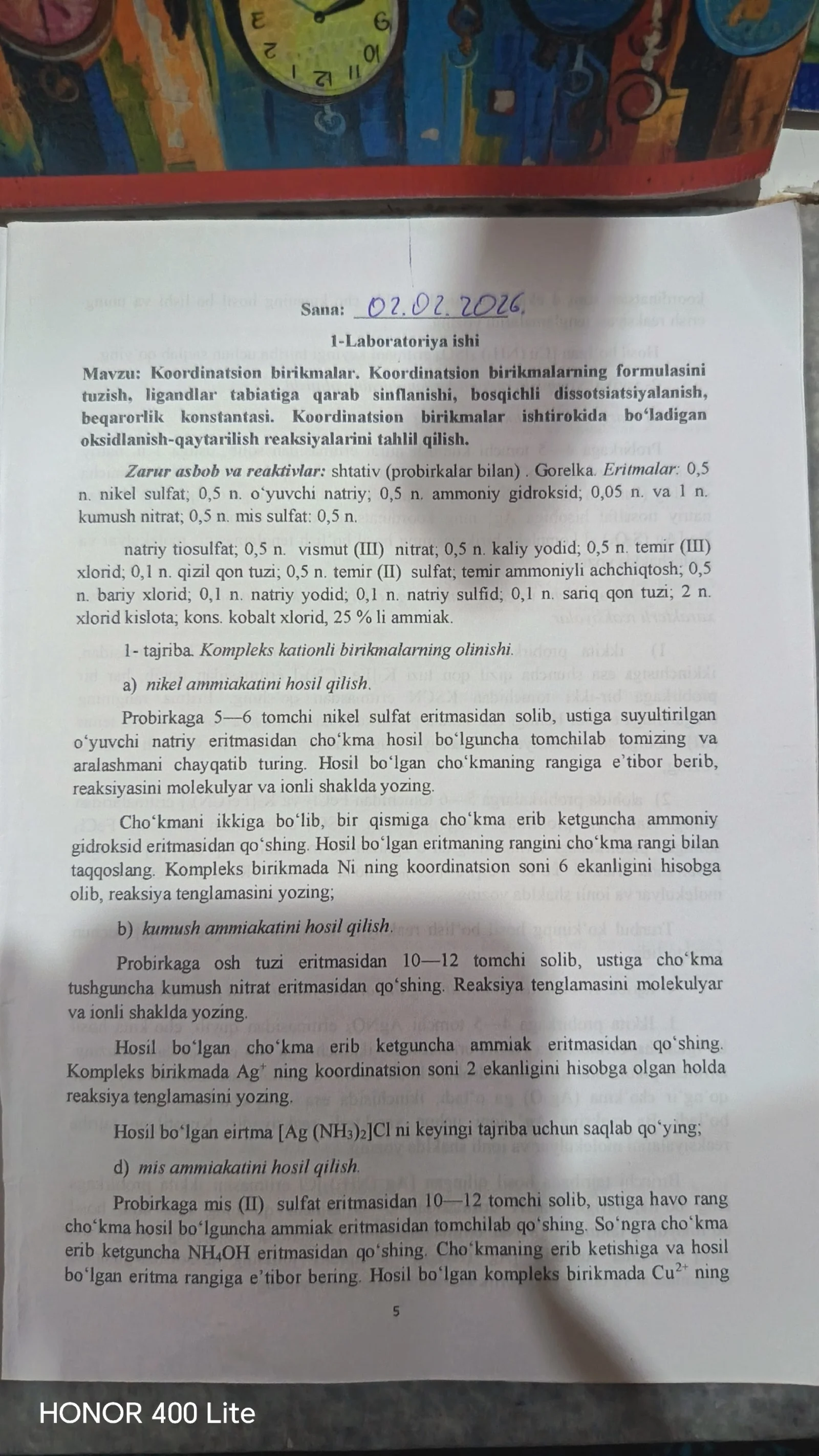 Kimyodan Laboratoriya savollari javoblari bilan birga 1