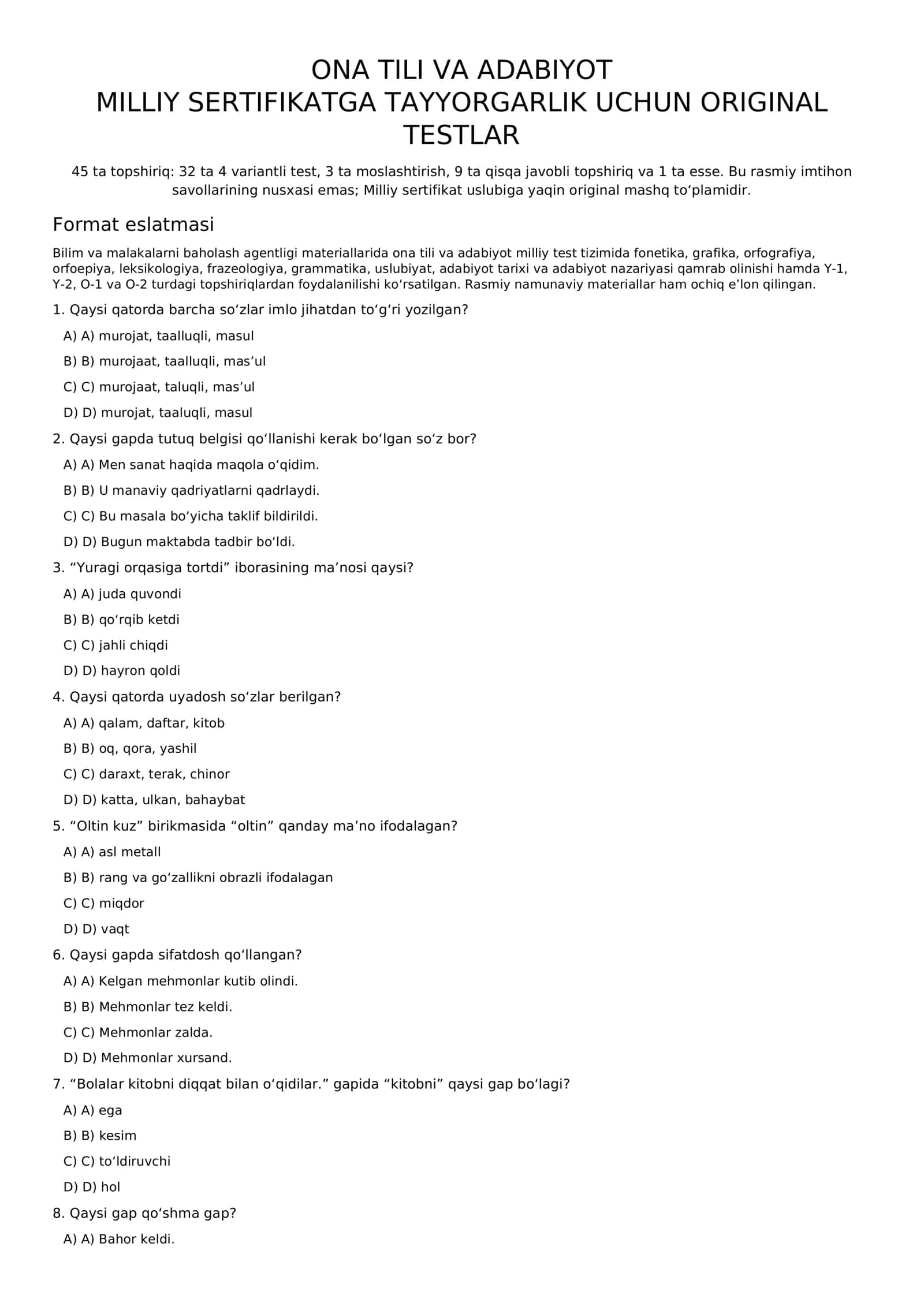 Ona tili va adabiyot Milliy sertifikat 1