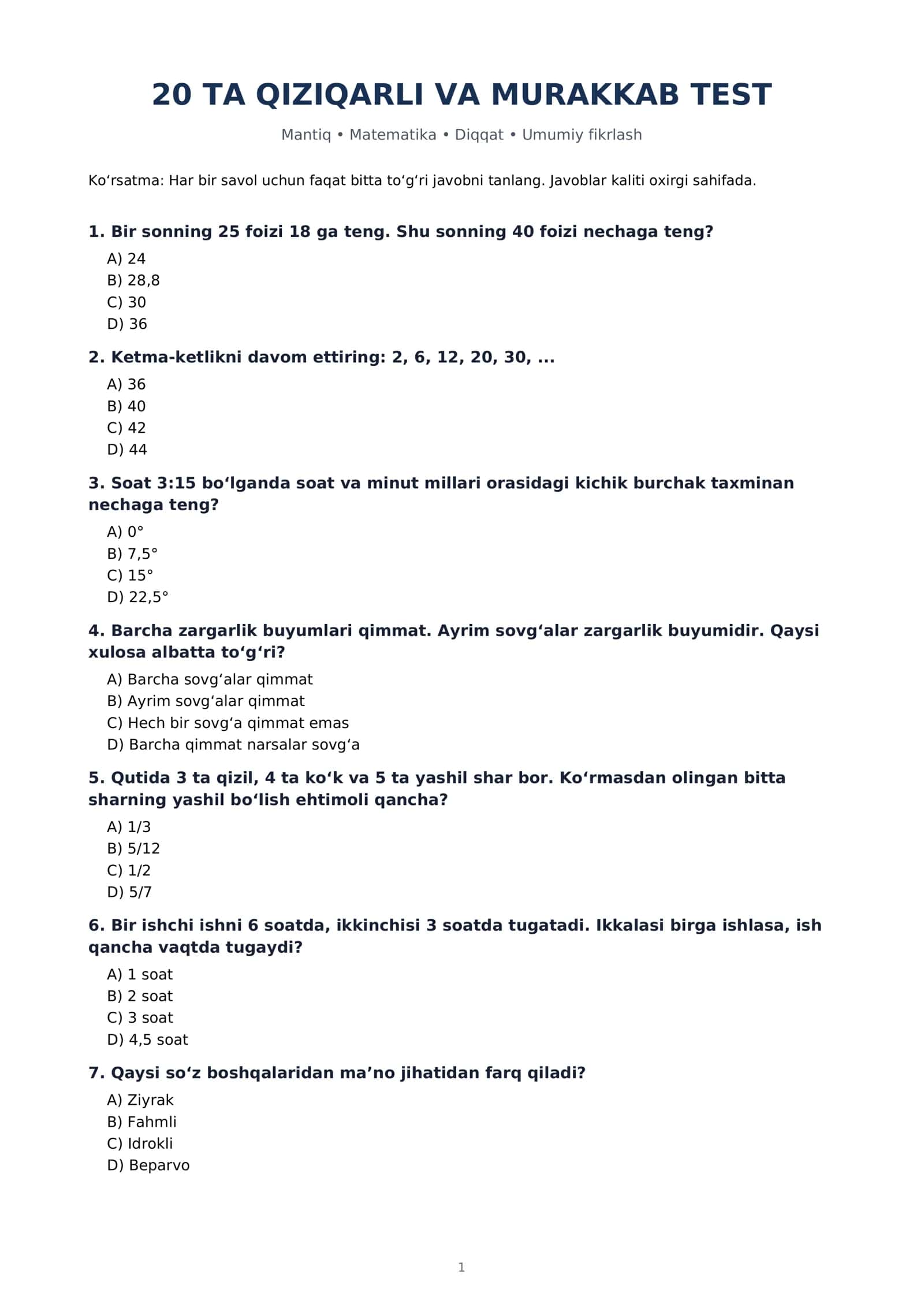 20 ta qiziqarli va murakkab mantiqiy test — PDF 1