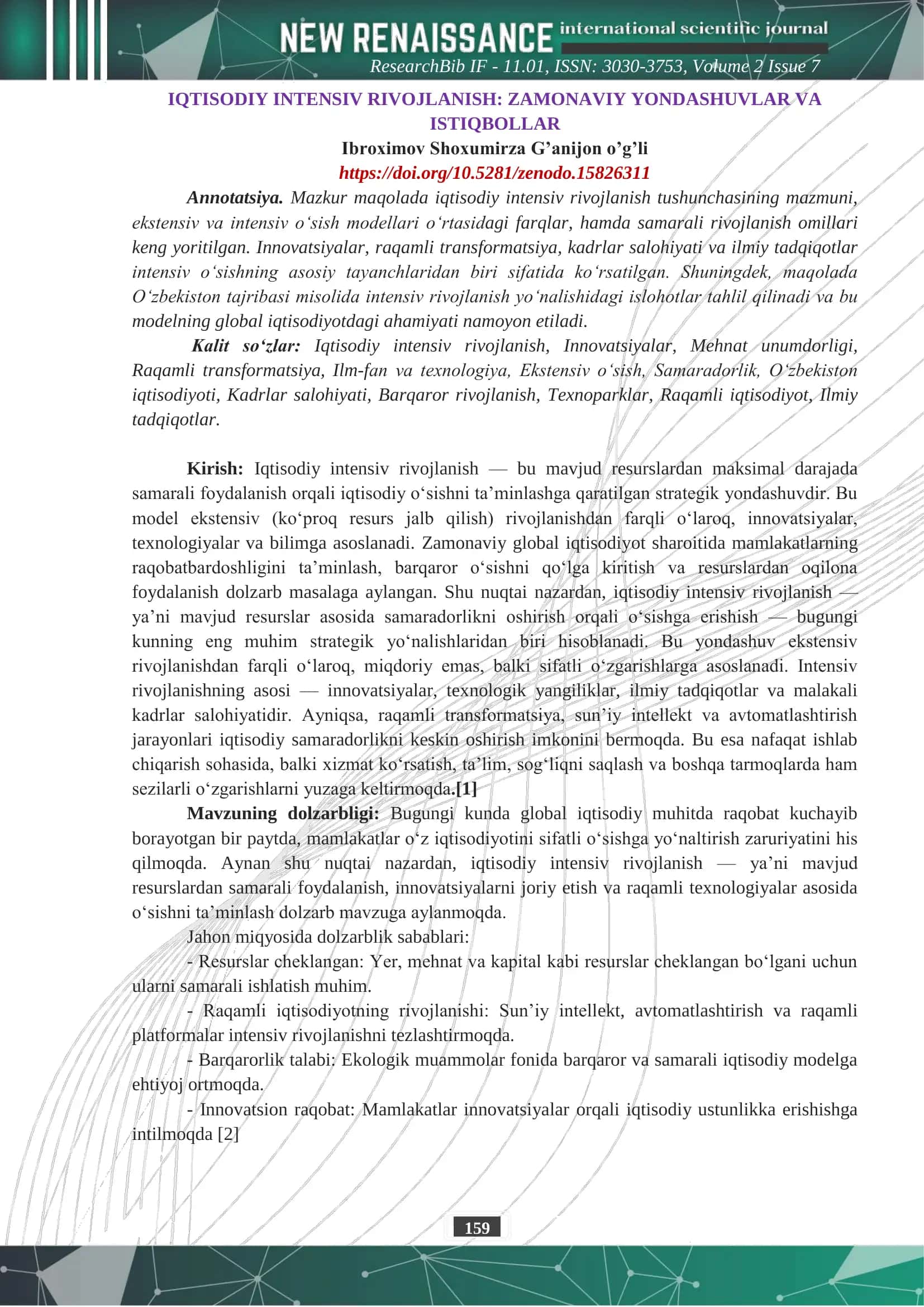 IQTISODIY INTENSIV RIVOJLANISH: ZAMONAVIY YONDASHUVLAR VA ISTIQBOLLAR 1