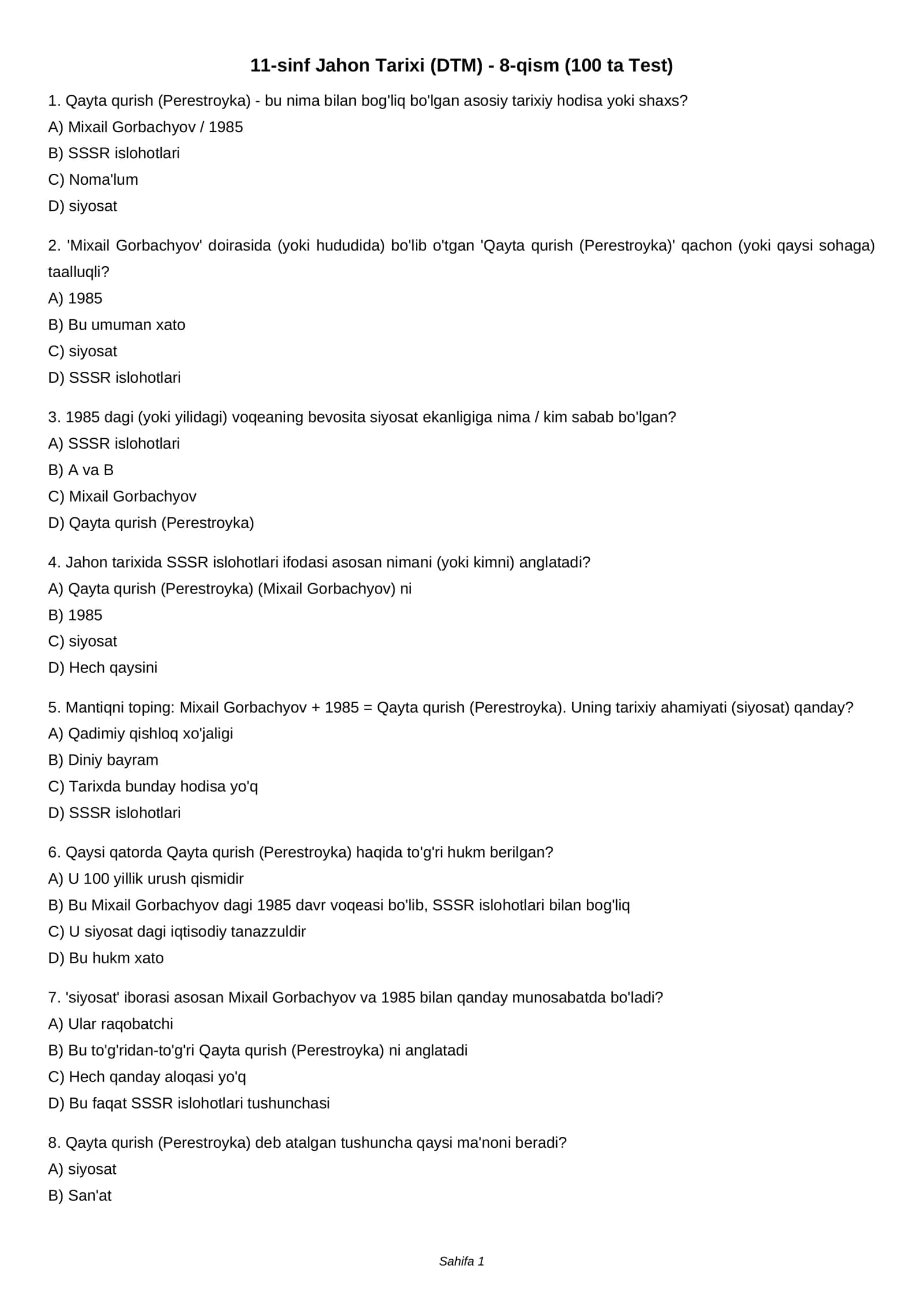 11-sinf Jahon Tarixi (DTM) - 8-qism (100 ta Test) 1