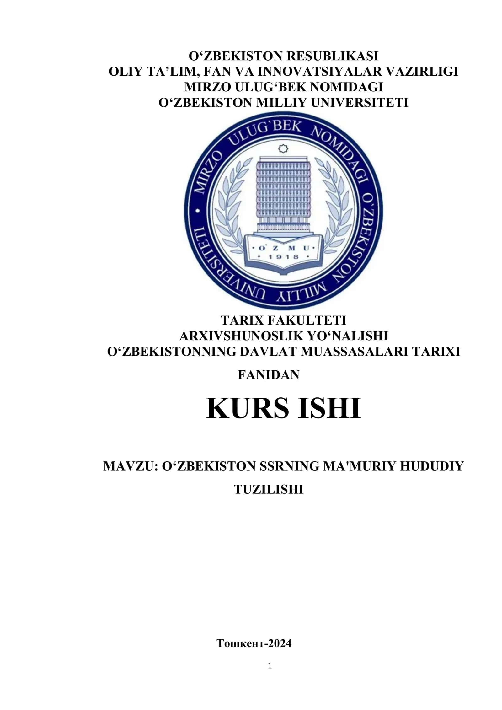 O‘ZBEKISTON SSRNING MA'MURIY HUDUDIY TUZILISHI 1