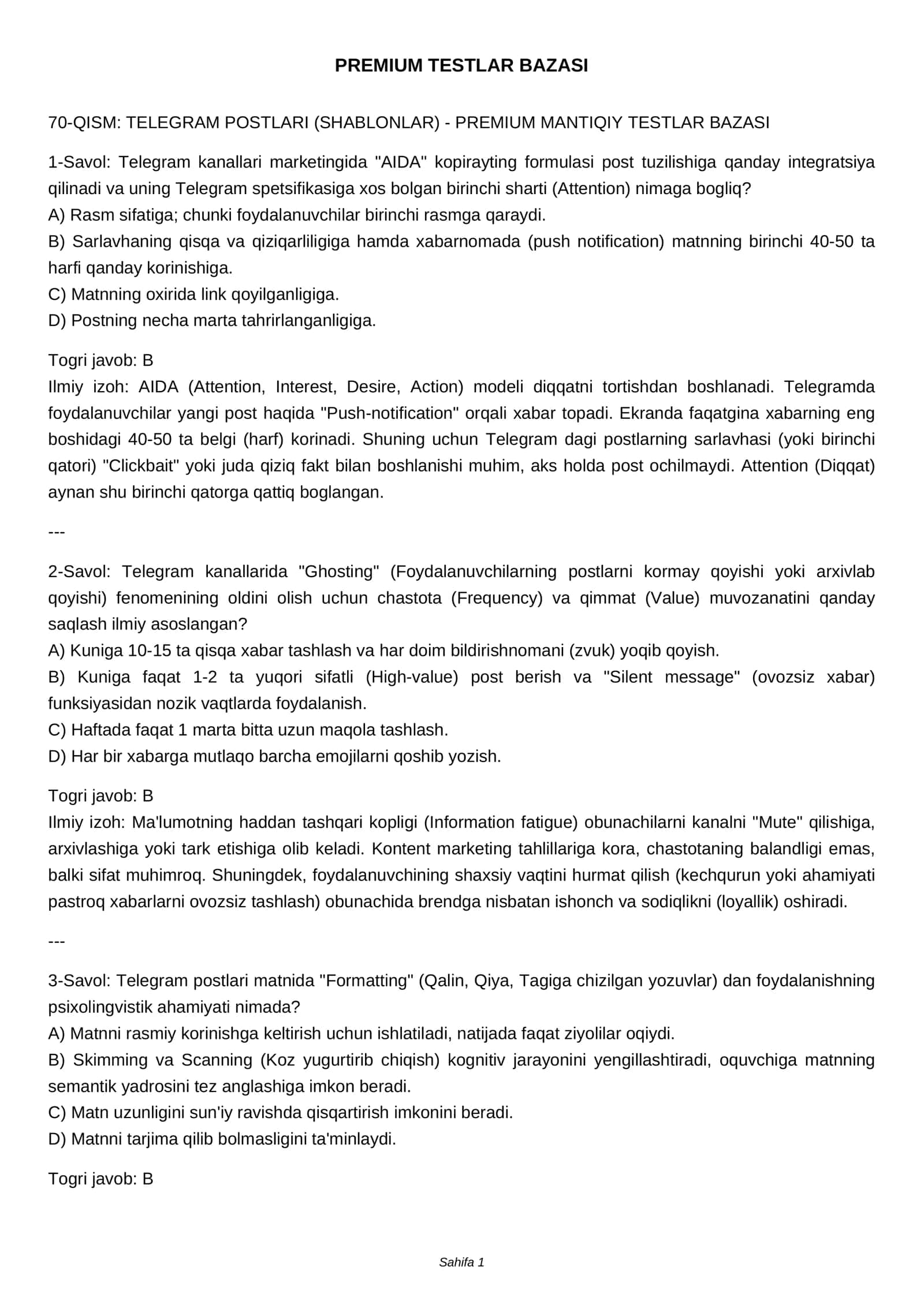 PREMIUM TESTLAR BAZASI 1