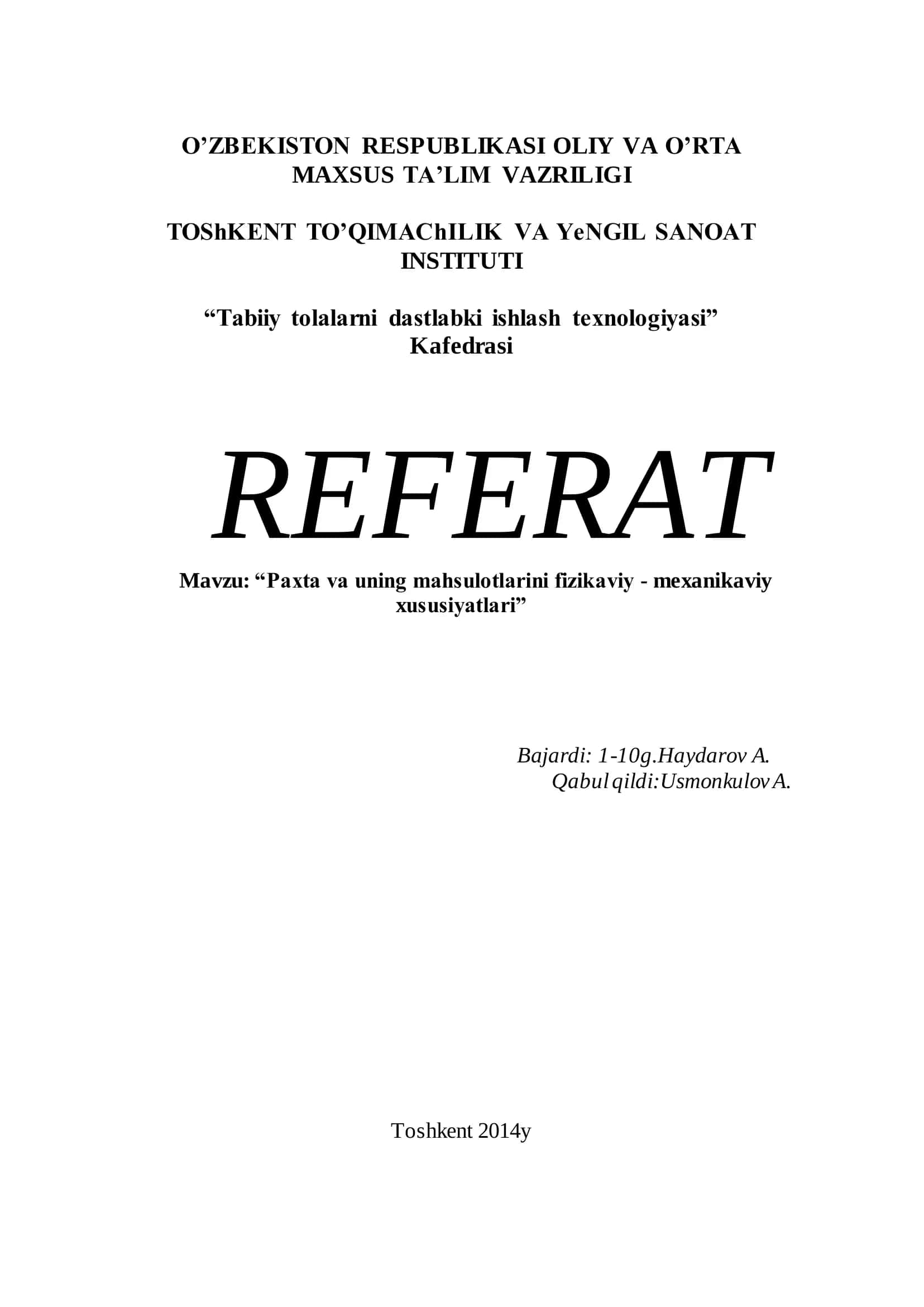 "Tabiiy tolalarni dastlabki ishlash texnologiyasi" 1