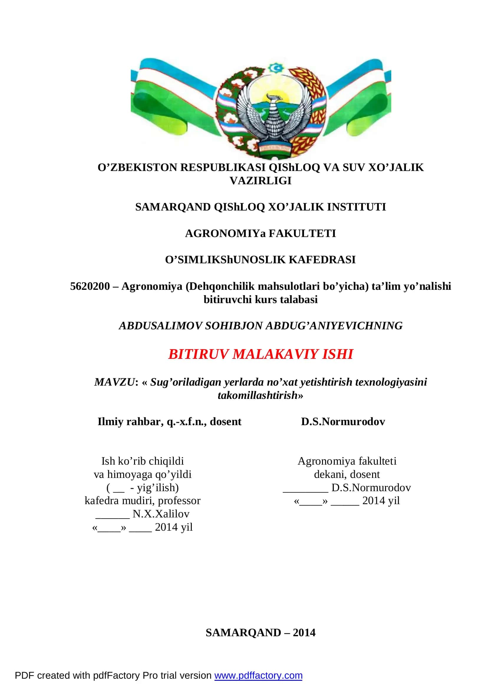 Sug’oriladigan yerlarda no’xat yetishtirish texnologiyasini takomillashtirish 1