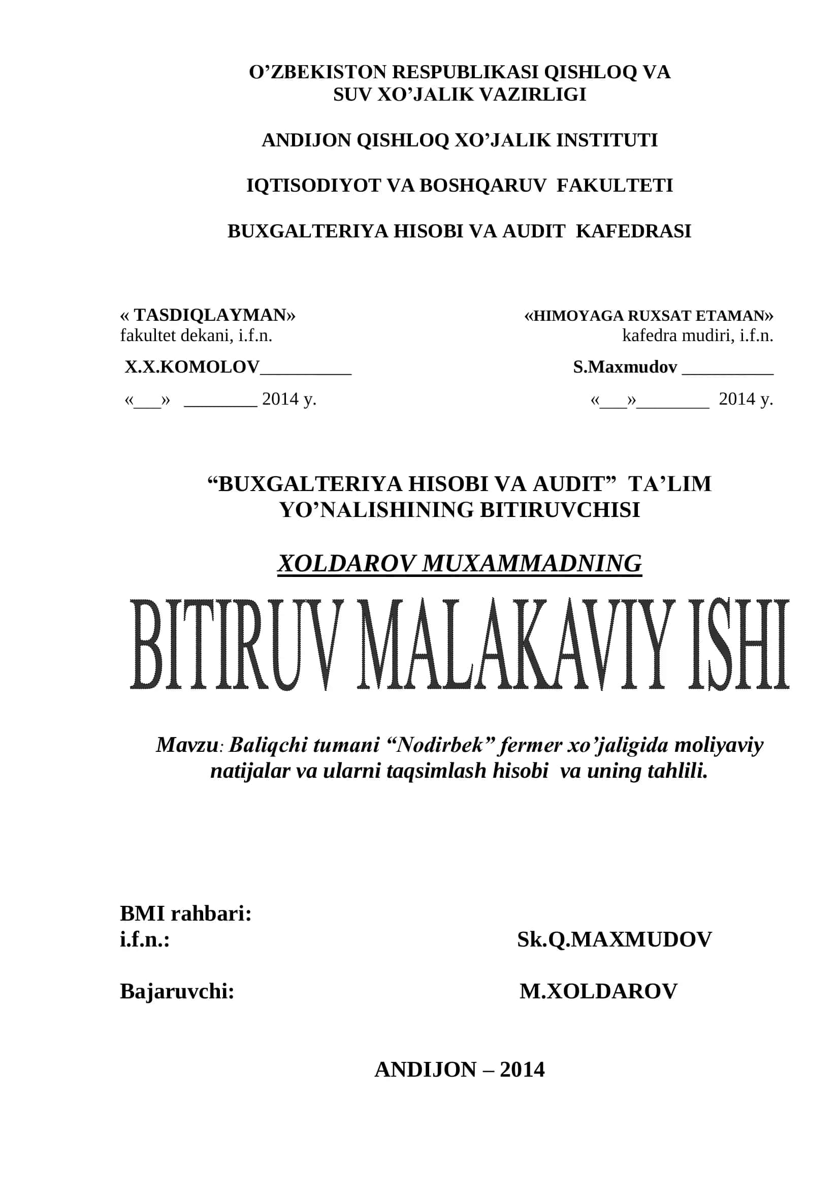 Baliqchi tumani “Nodirbek” fermer xo’jaligida moliyaviy natijalar va ularni taqsimlash hisobi va uning tahlili 1
