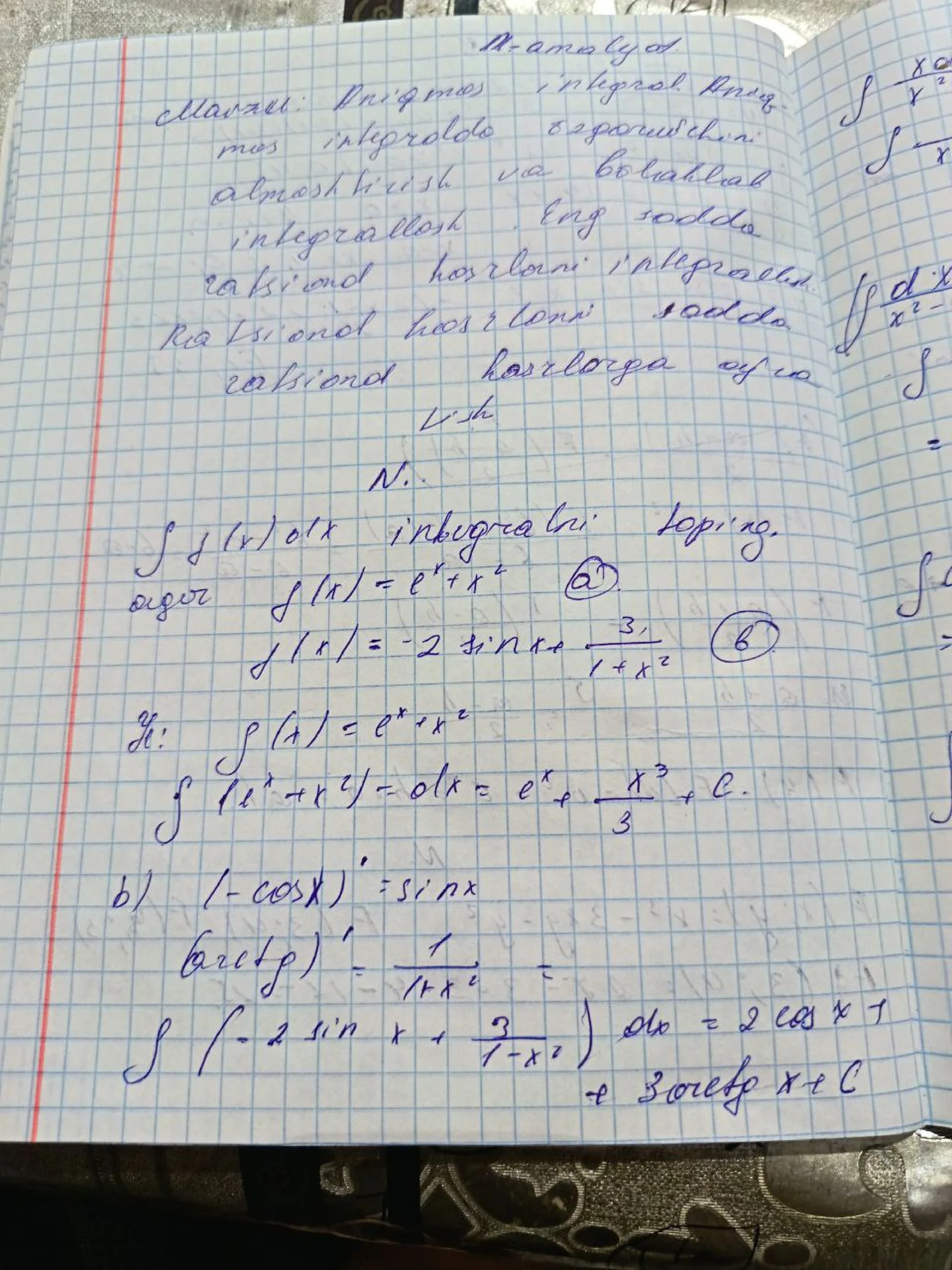 Aniqmas integralga oid misollar javobi bilan birga 1