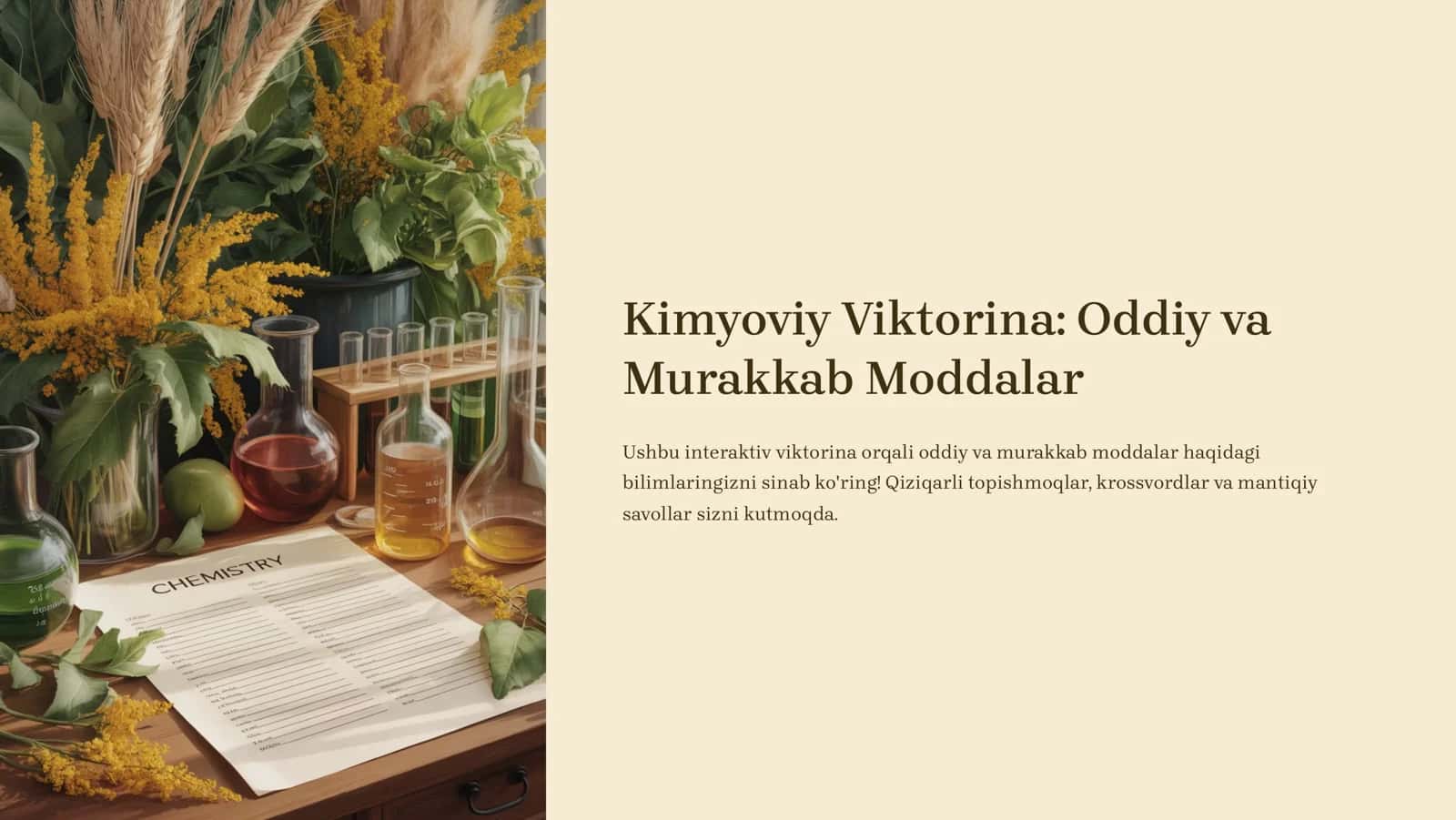 Kimyoviy Viktorina: Oddiy va Murakkab Moddalar 1