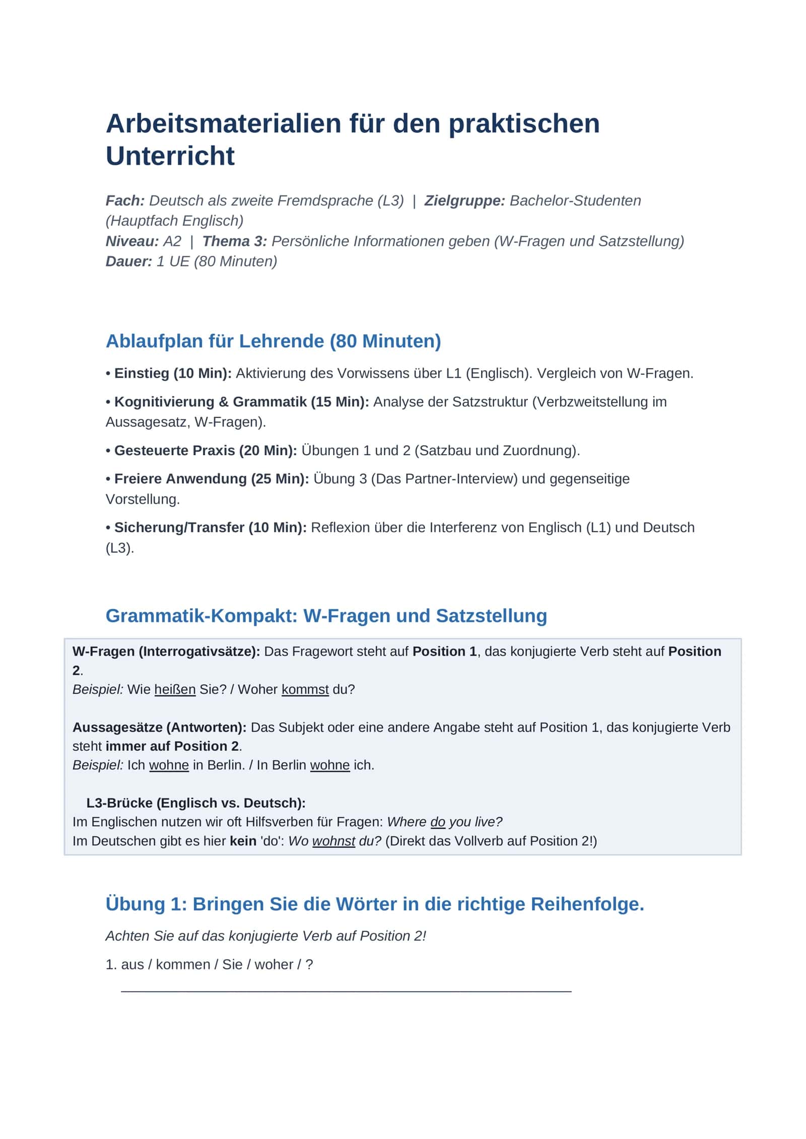 Arbeitsmaterialien für den praktischen Unterricht 1
