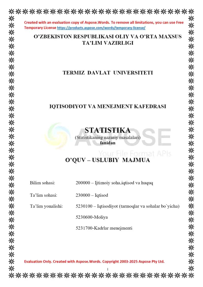 Statistika (Statistikaning nazariy masalalari) o‘quv-uslubiy majmua 1