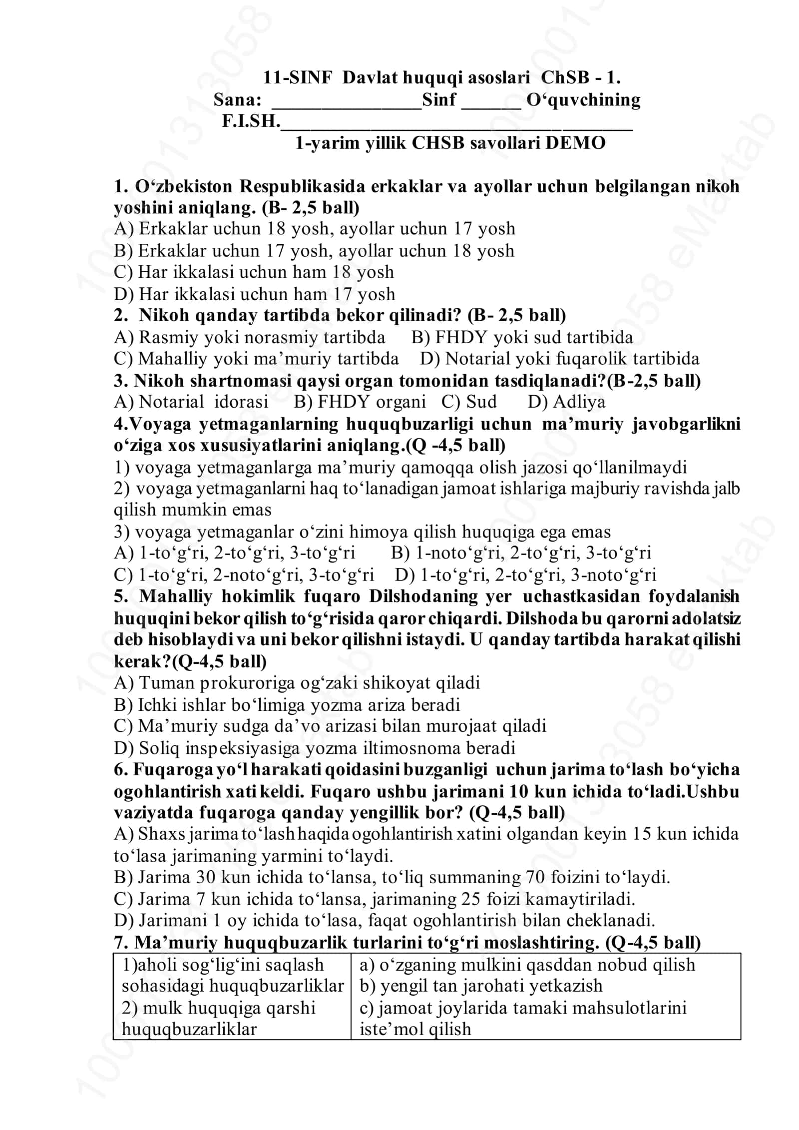 11-SINF Davlat huquqi asoslari ChSB - 1 1