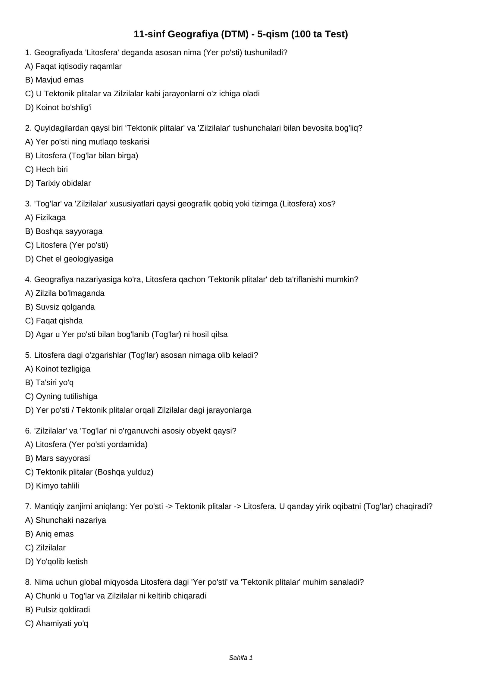 11-sinf Geografiya (DTM) - 5-qism (100 ta Test) 1