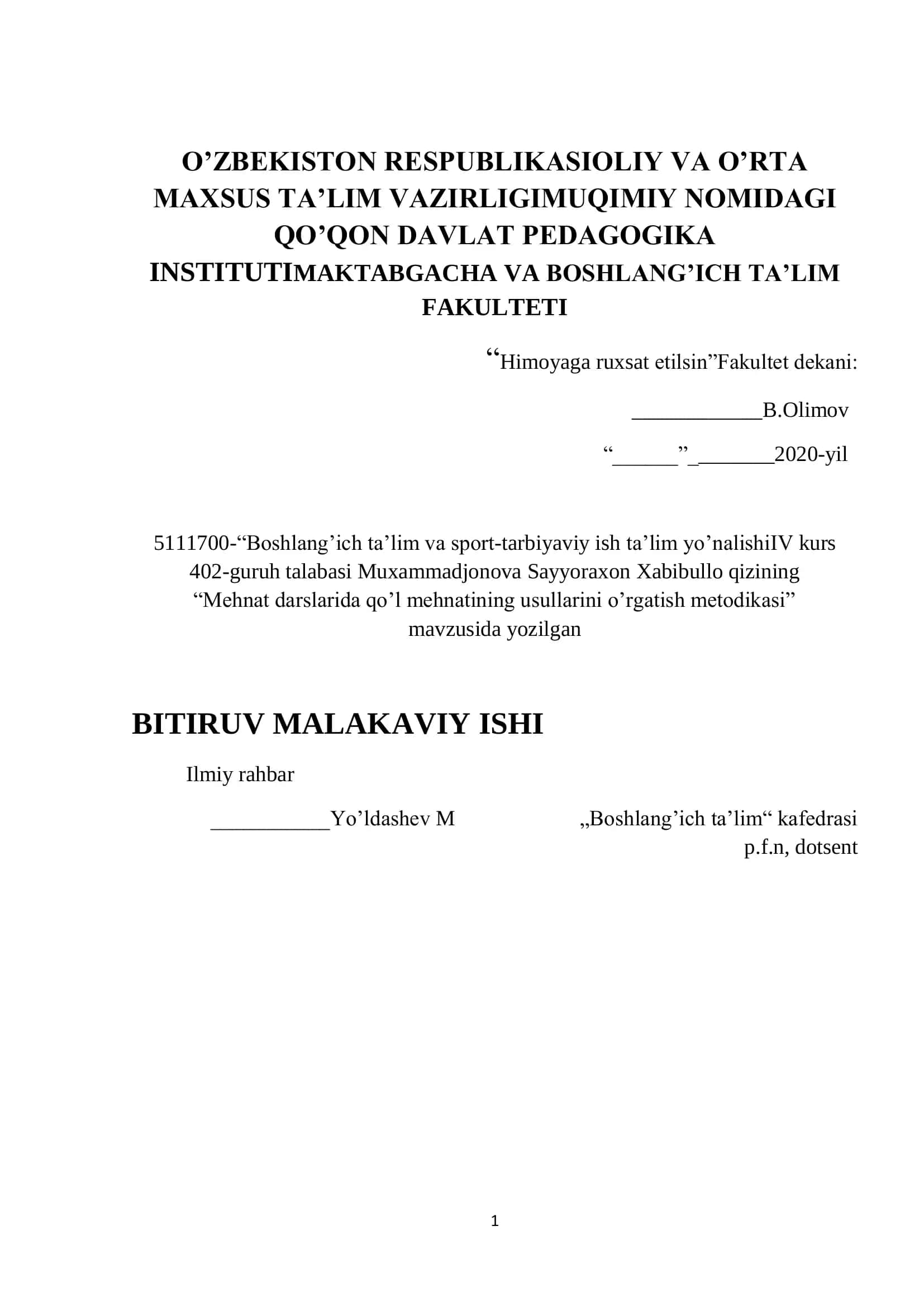 “Mehnat darslarida qo’l mehnatining usullarini o’rgatish metodikasi" 1