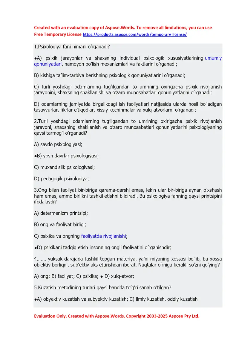 Psixologiya faniga oid test savollari to‘plami 1
