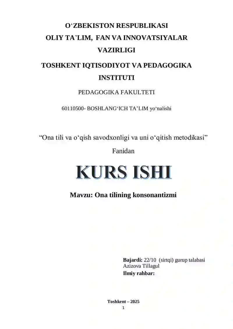 Ona tili va oʻqish savodxonligi va uni oʻqitish metodikasi