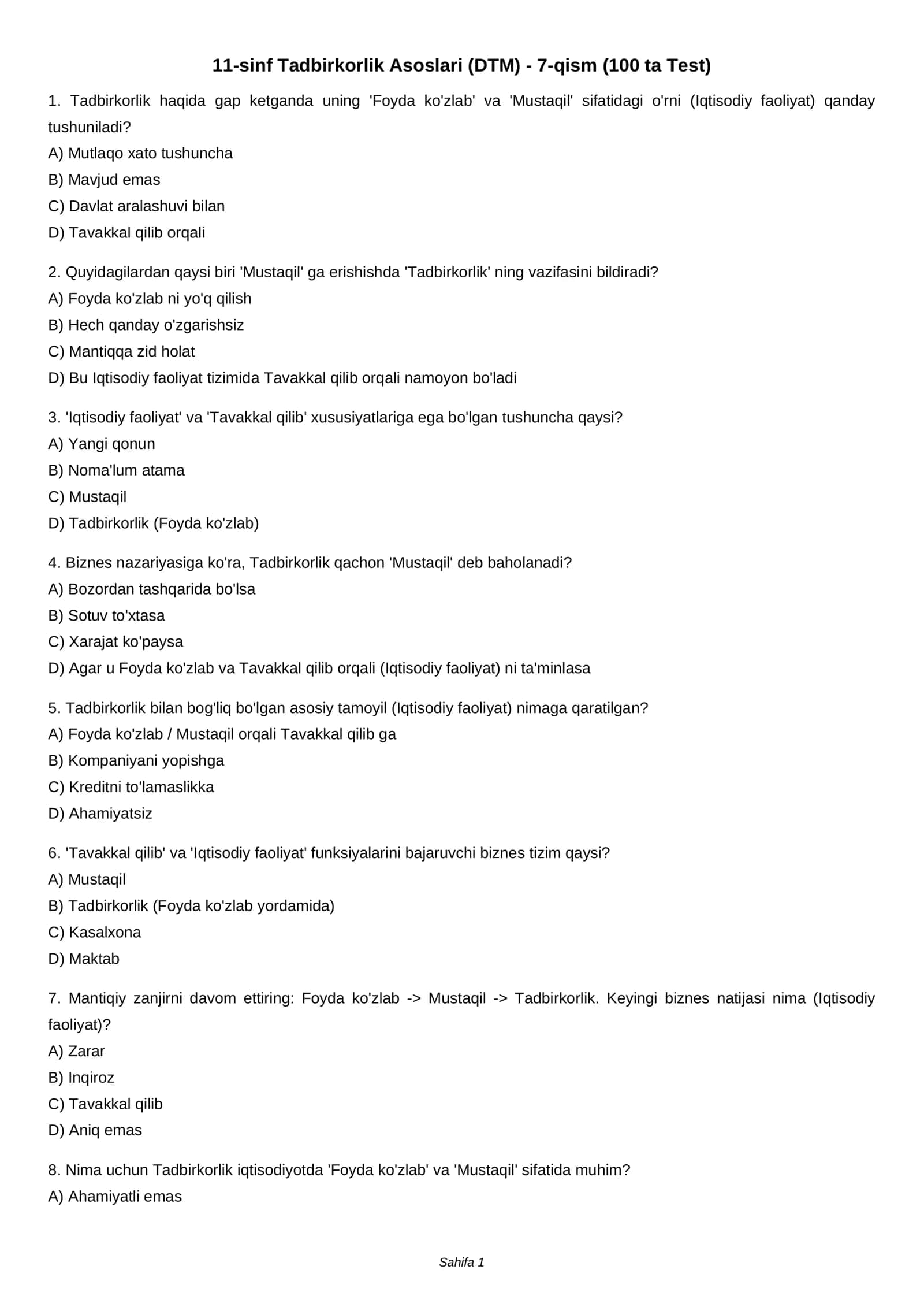 11-sinf Tadbirkorlik Asoslari (DTM) - 7-qism (100 ta Test) 1