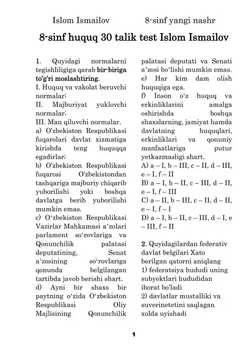 8 sinf huquq 2024 yil yamgi nashr bo'yicha 30 talik test