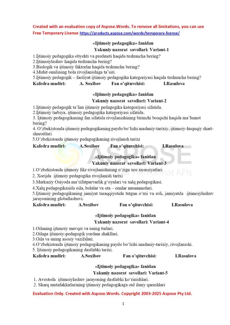 Ijtimoiy pedagogika fanidan yakuniy nazorat savollari (Variant 1–11) 1