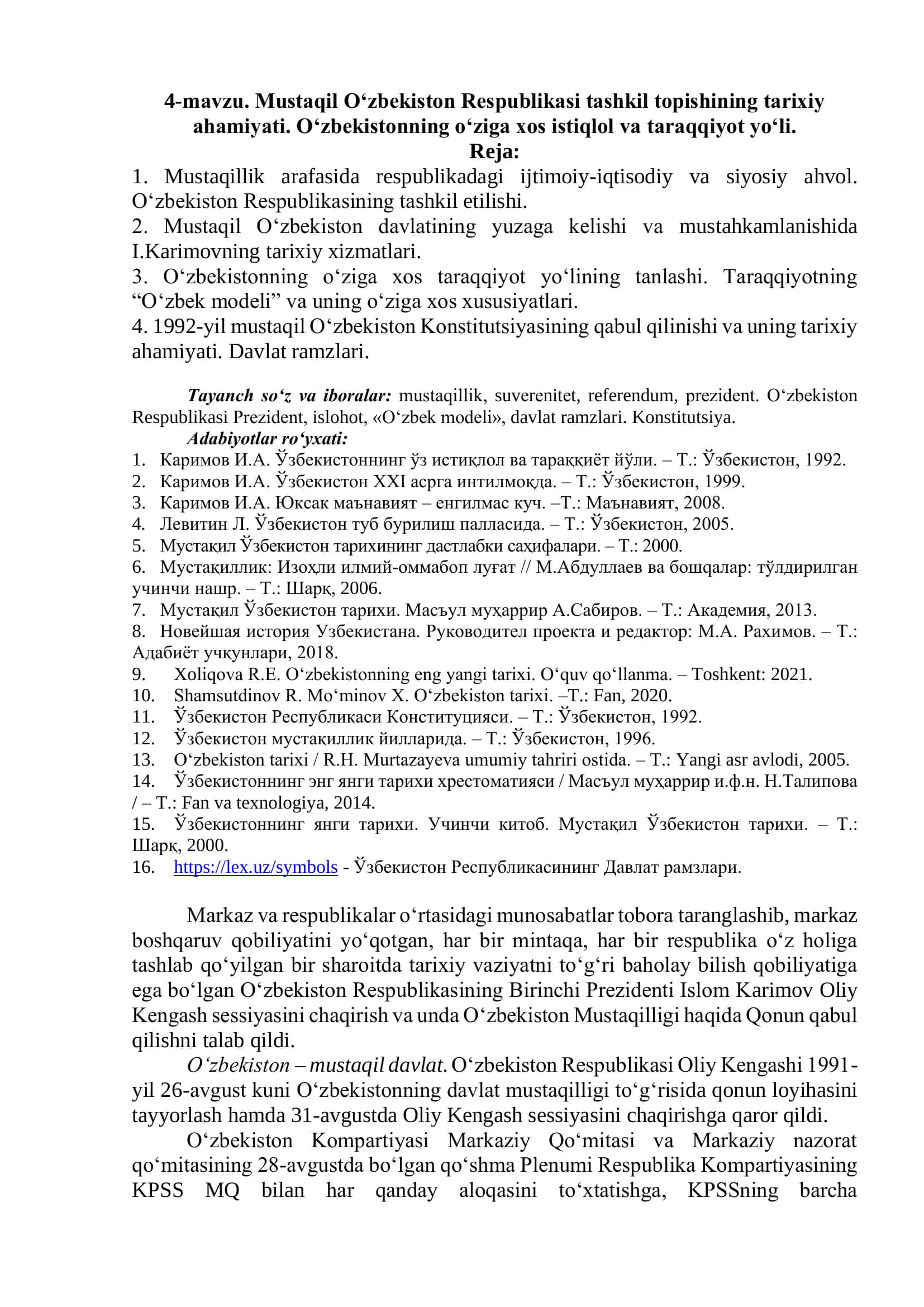 Mustaqil O‘zbekiston Respublikasi tashkil topishining tarixiy ahamiyati 1